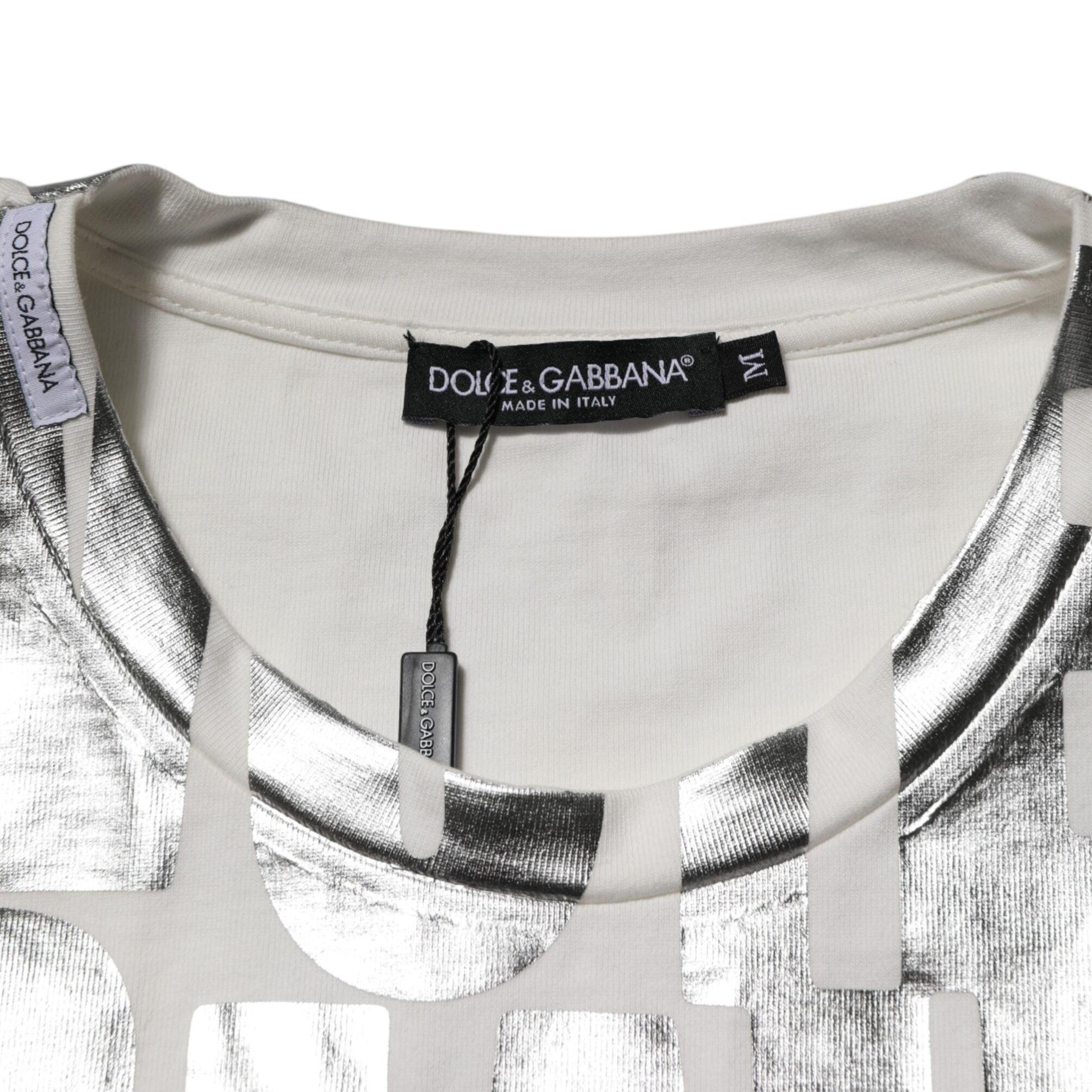 Dolce & Gabbana White Cotton Silver Metallic Slogan Print T-shirt