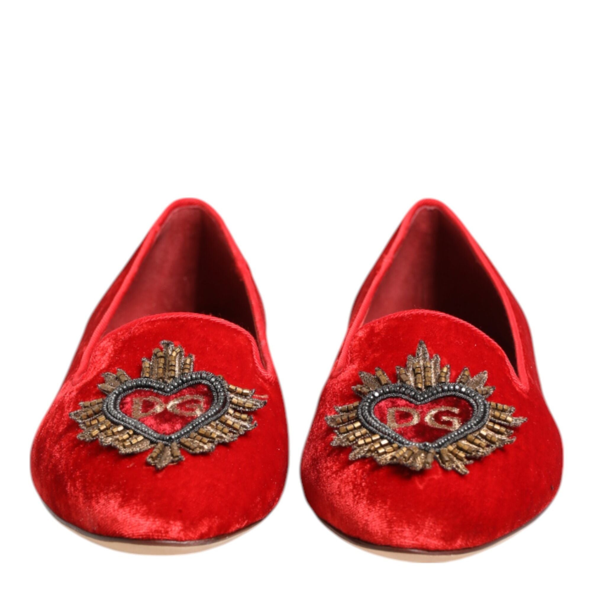 Dolce & Gabbana Red Velvet DG Heart Loafers Flat Shoes