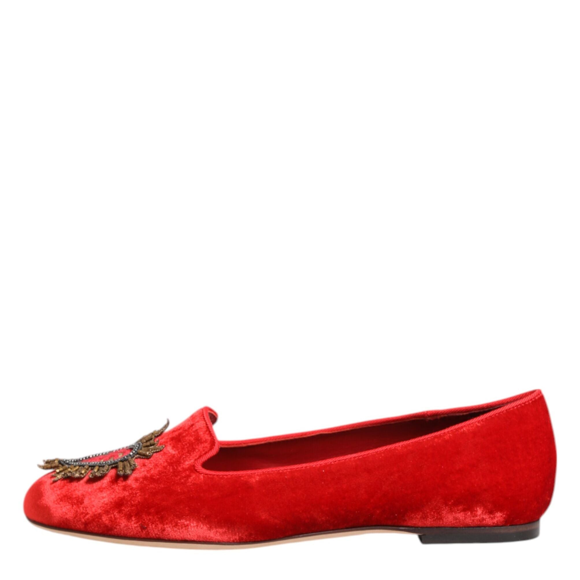 Dolce & Gabbana Red Velvet DG Heart Loafers Flat Shoes