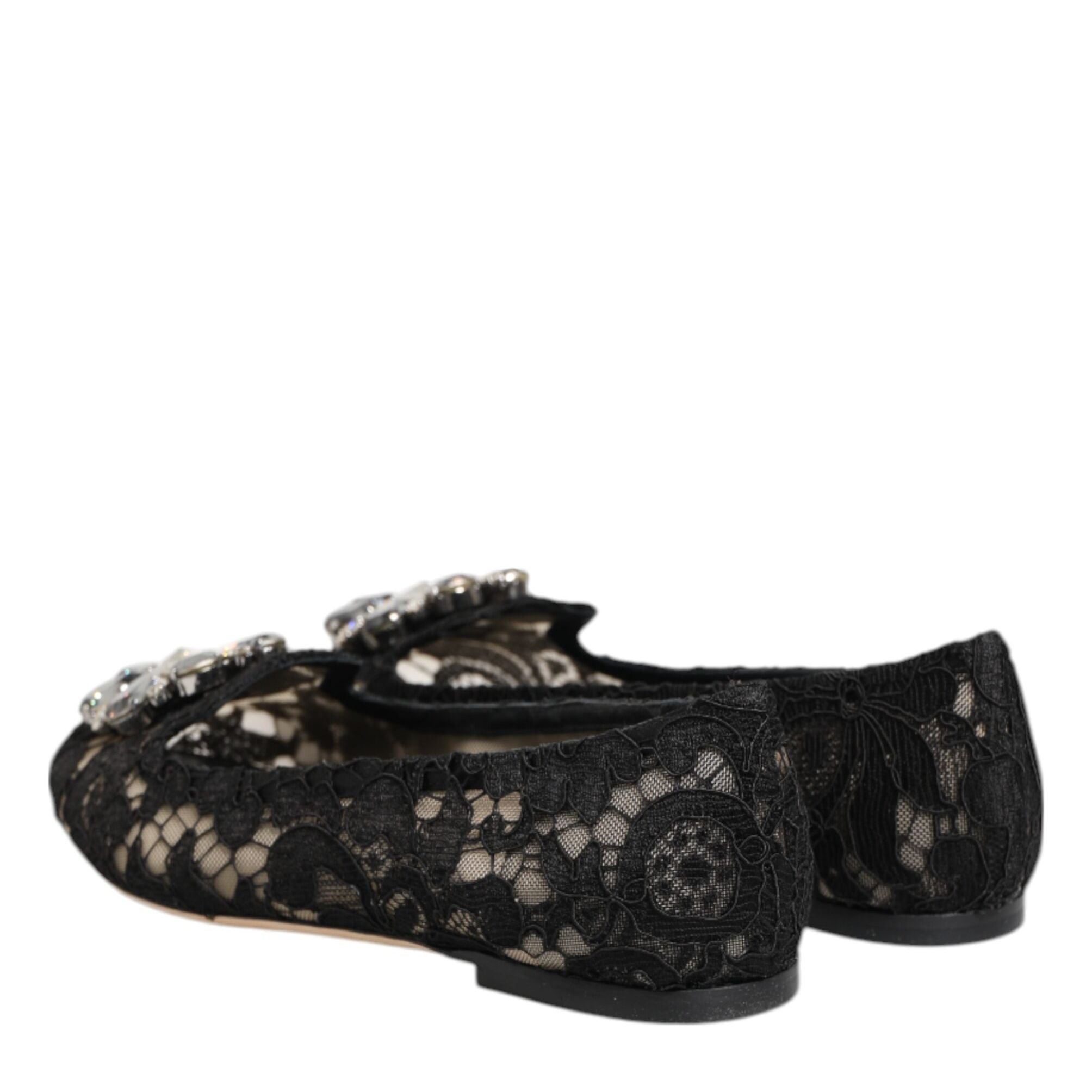 Dolce & Gabbana Black Taormina Lace Crystals Flats Shoes