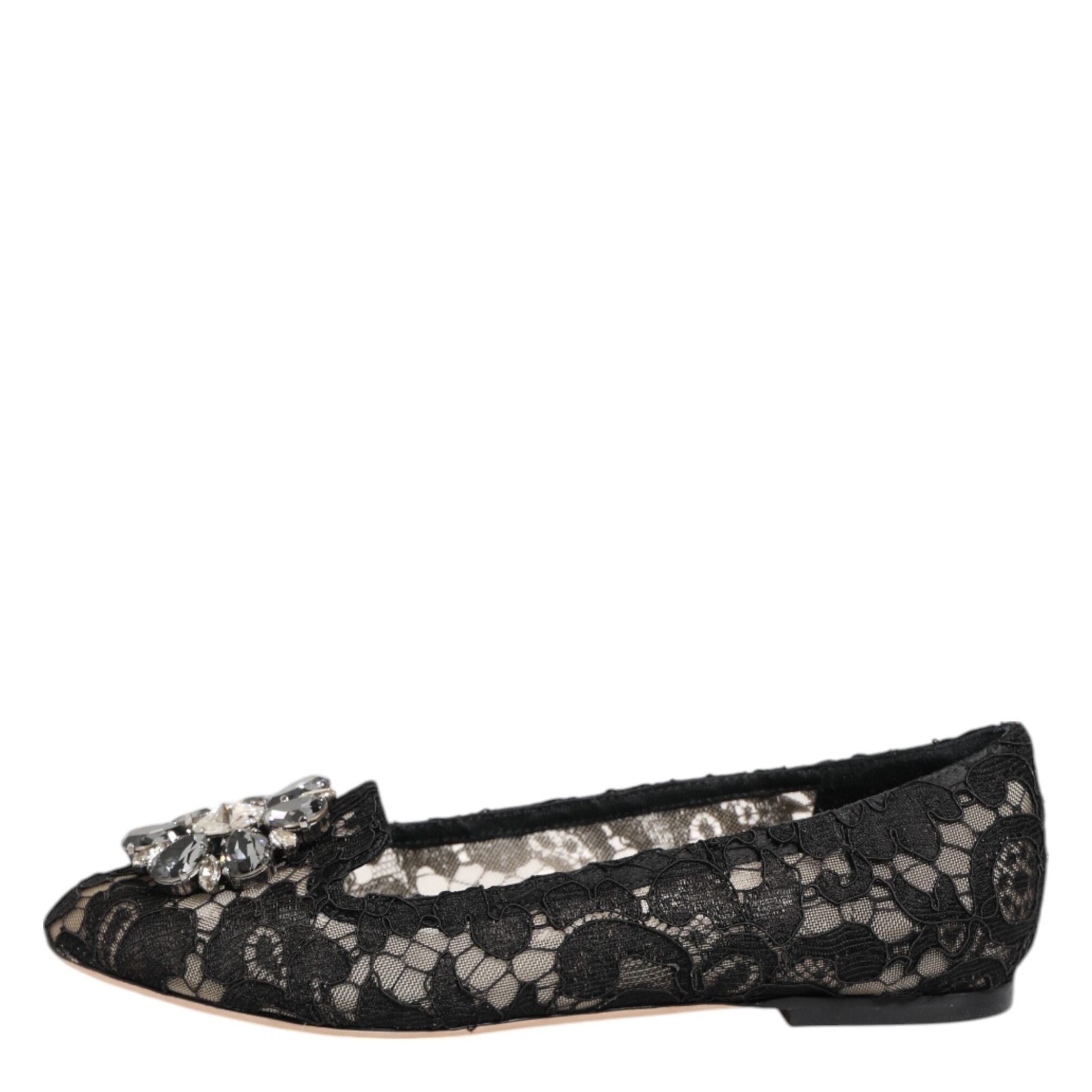 Dolce & Gabbana Black Taormina Lace Crystals Flats Shoes