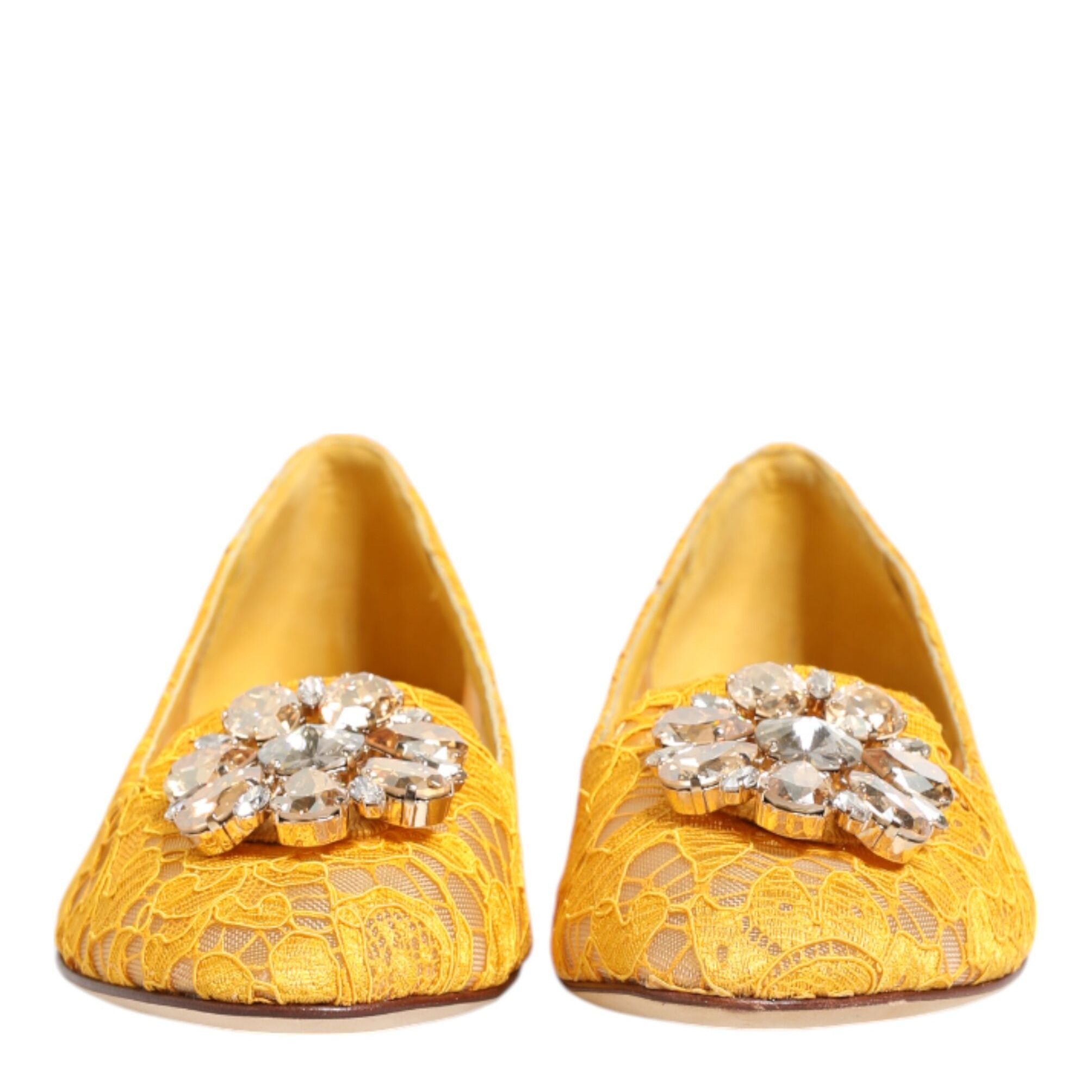 Dolce & Gabbana Yellow Taormina Lace Crystals Flats Shoes