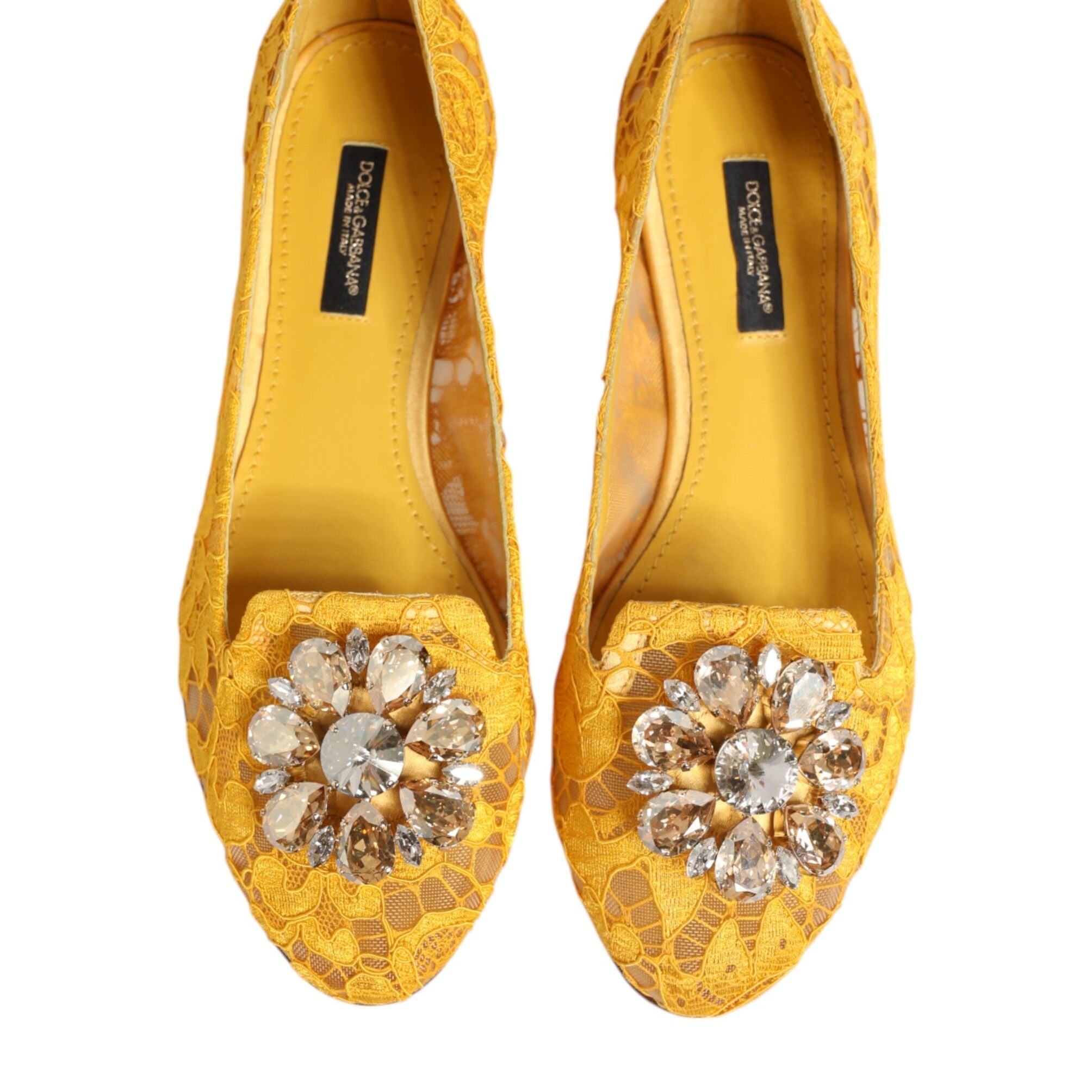Dolce & Gabbana Yellow Taormina Lace Crystals Flats Shoes