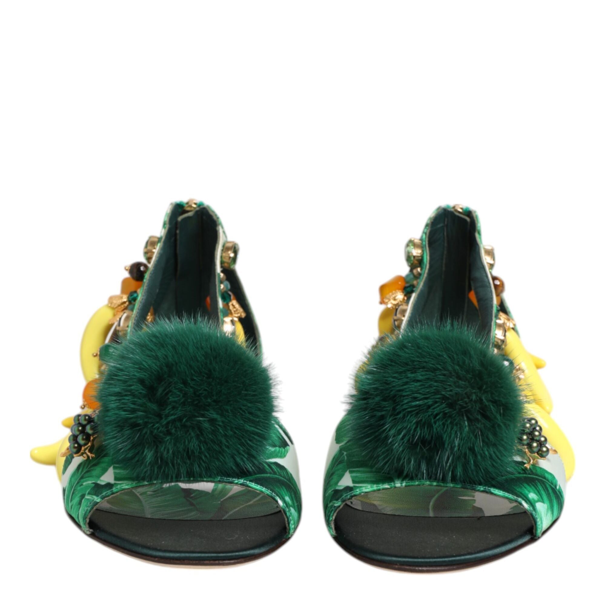 Dolce & Gabbana Green Mink Fur Satin Banana Leaf Sandals Shoes