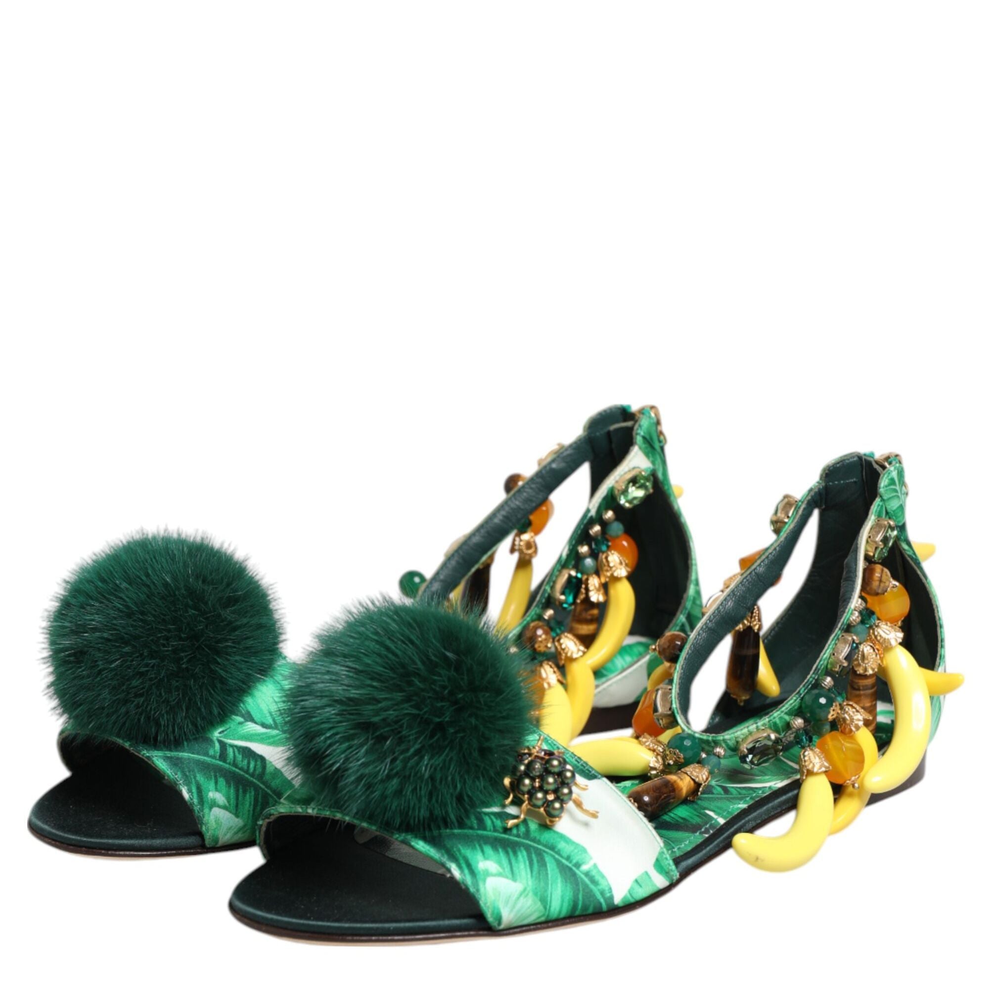 Dolce & Gabbana Green Mink Fur Satin Banana Leaf Sandals Shoes
