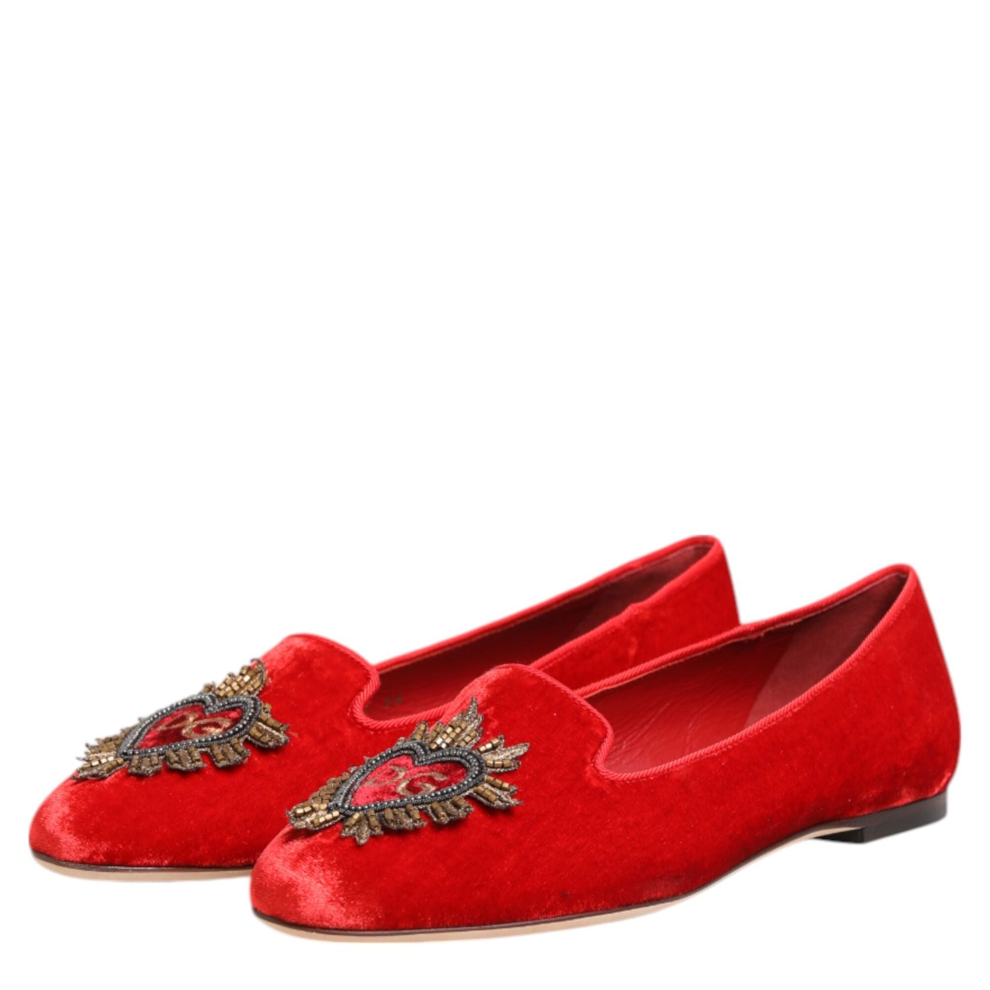 Dolce & Gabbana Red Velvet DG Heart Loafers Flats Shoes