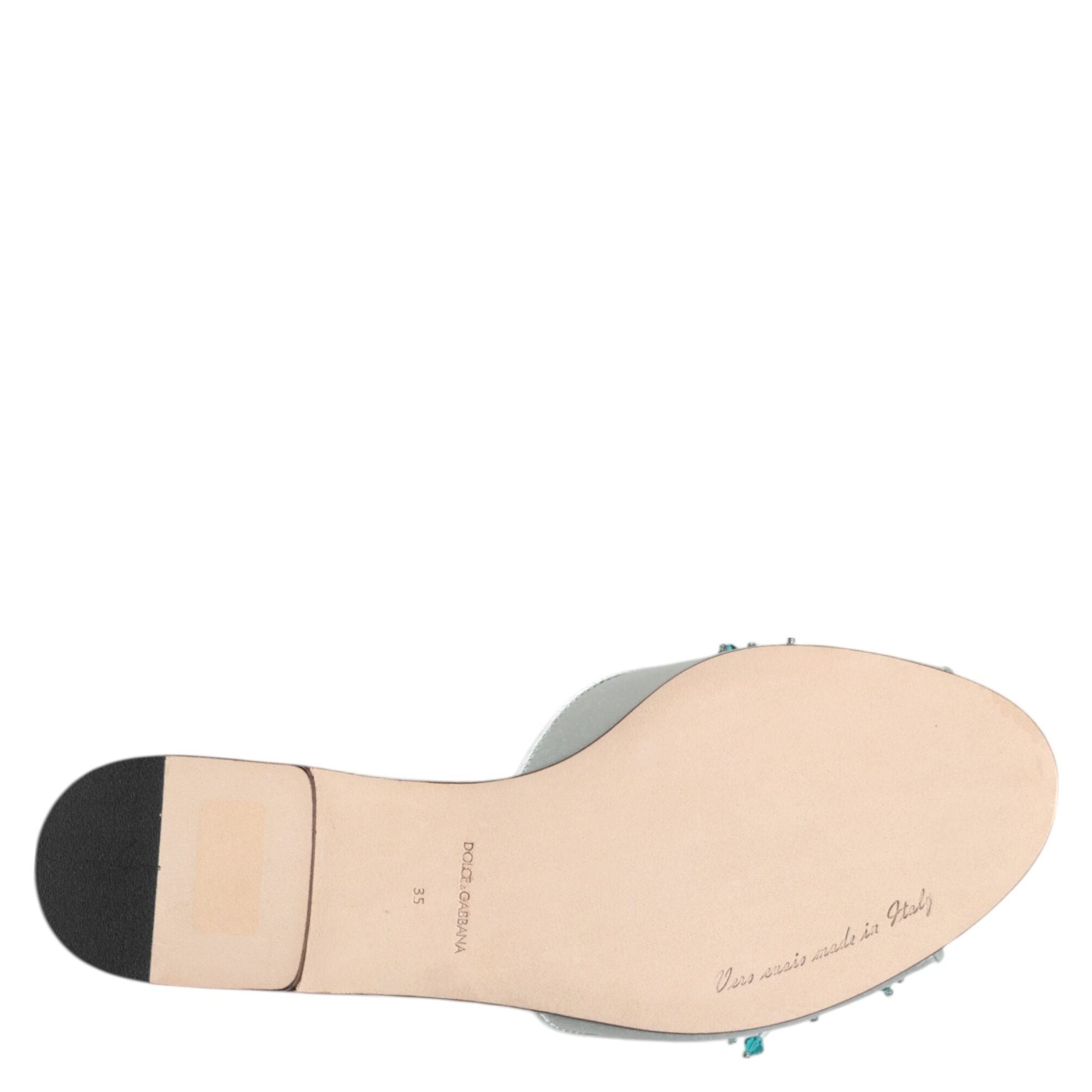 Dolce & Gabbana Silver Blue Leather Bead Embellish Slide Shoes