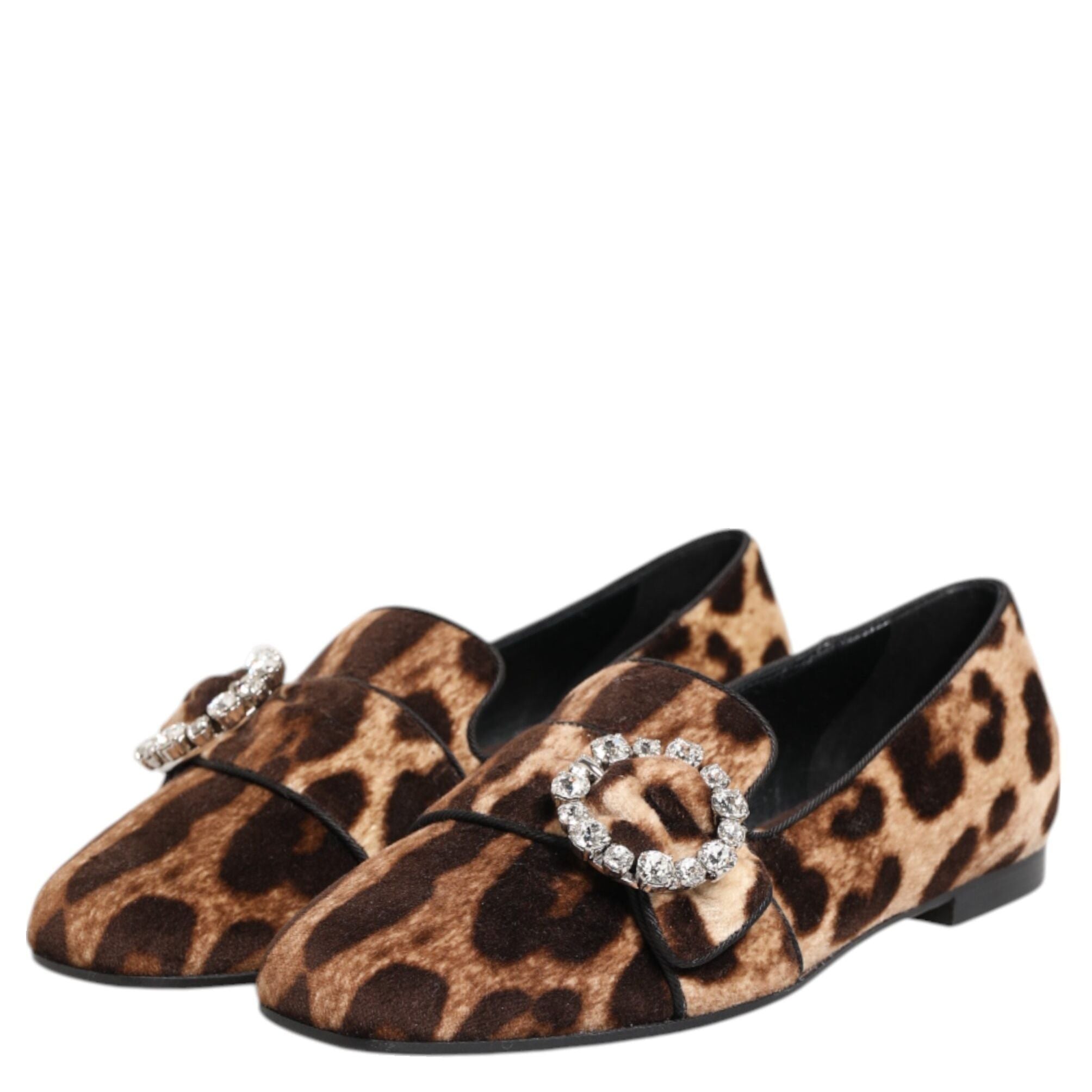 Dolce & Gabbana Brown Leopard Print Crystals Loafers Flats Shoes