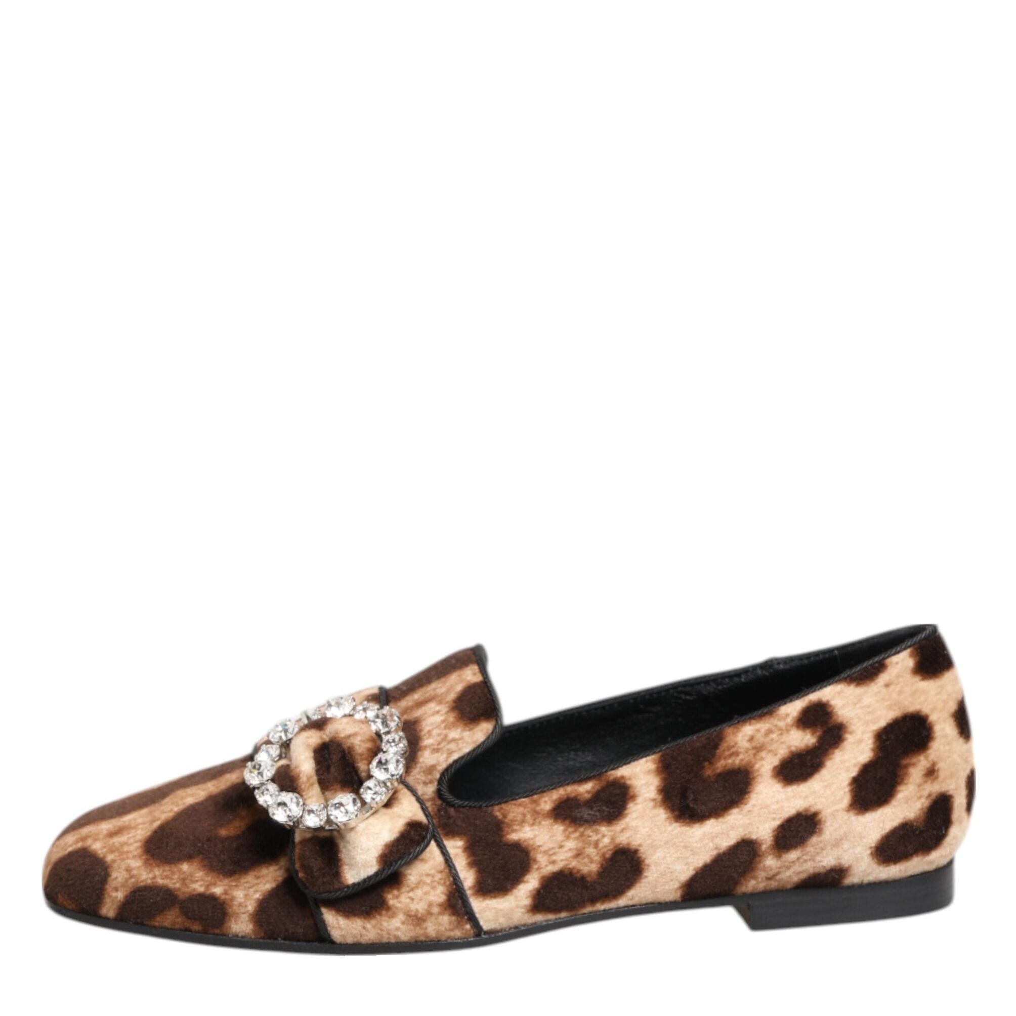 Dolce & Gabbana Brown Leopard Print Crystals Loafers Flats Shoes