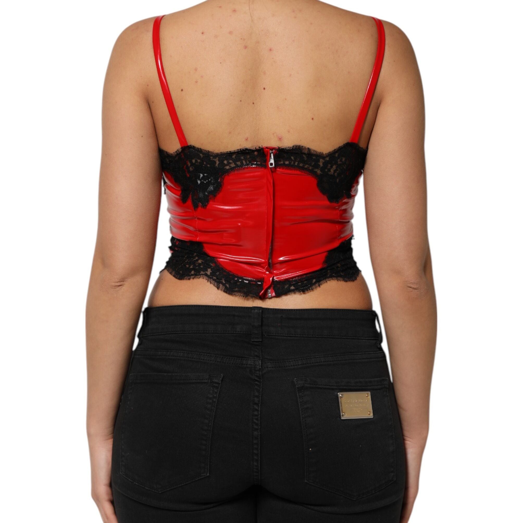 Dolce & Gabbana Red Black Lace Trim Polyester Sleeveless Tank Top