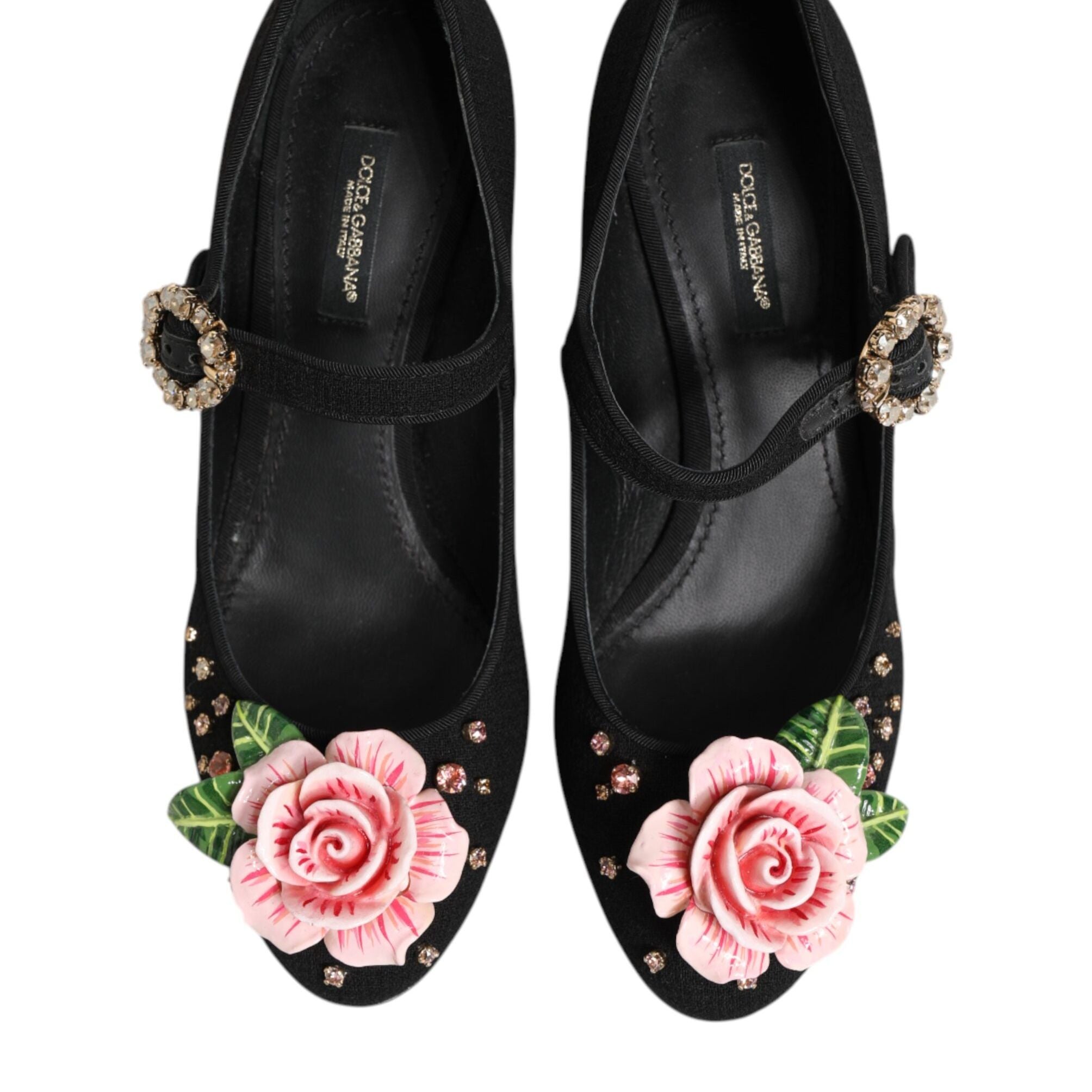 Dolce & Gabbana Black Flower Crystal Embellished Mary Jane Shoes