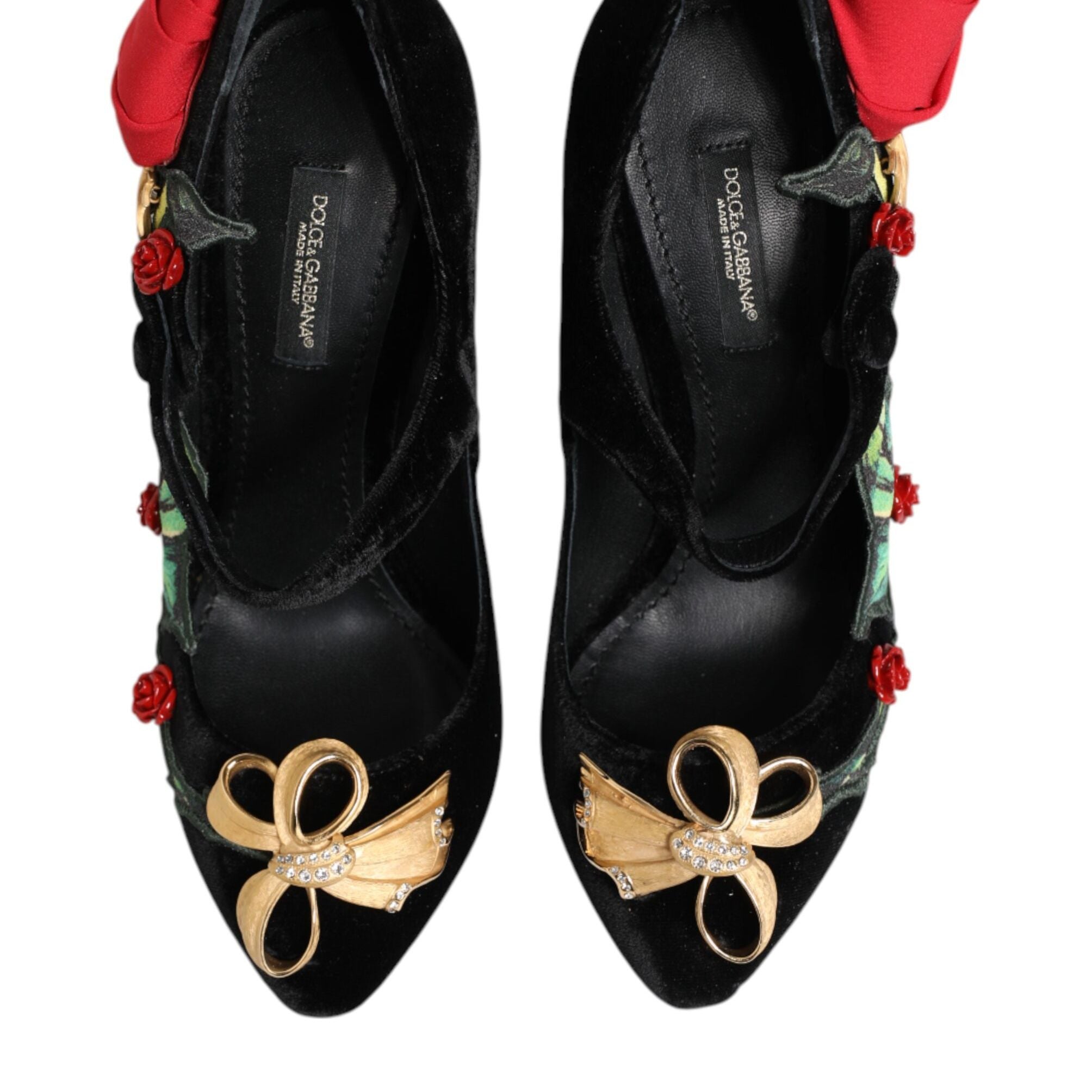 Dolce & Gabbana Black Roses Crystal Brooch Mary Jane Shoes