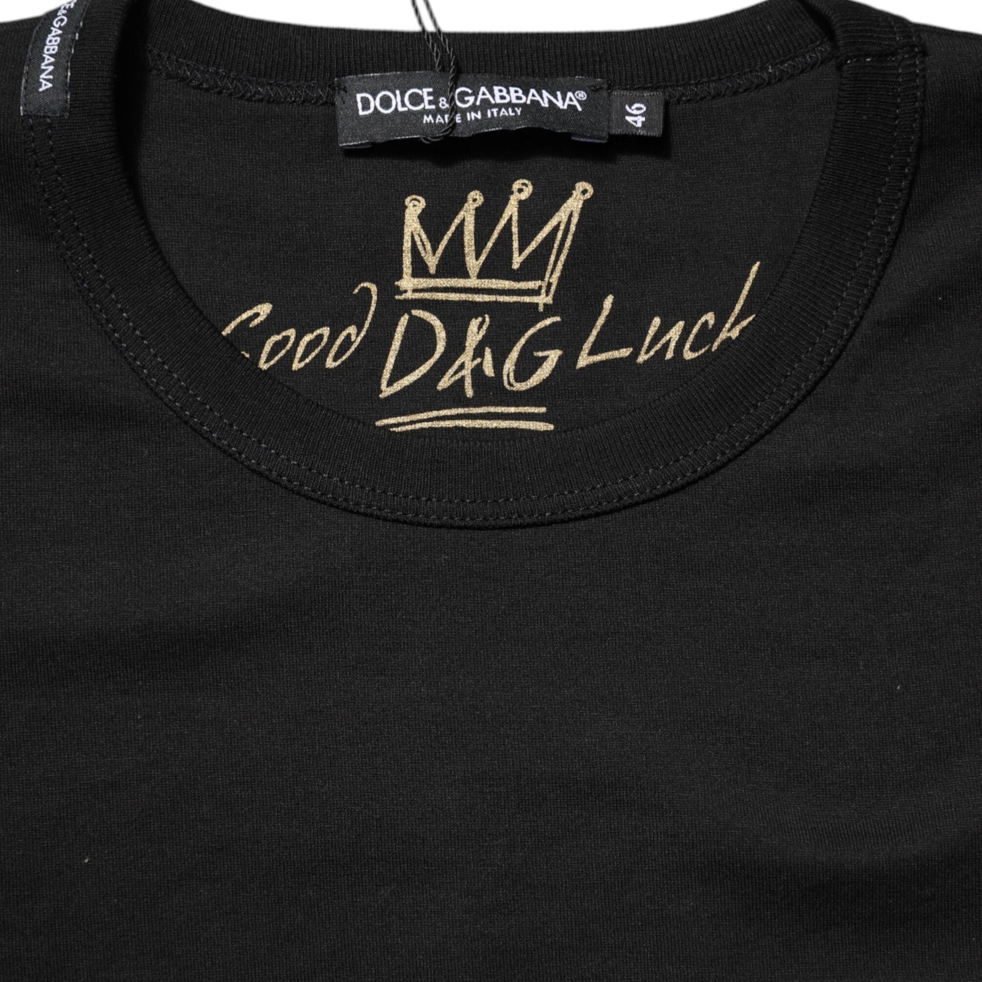 Dolce & Gabbana Black Cotton Goodluck Tee Crew Neck T-shirt
