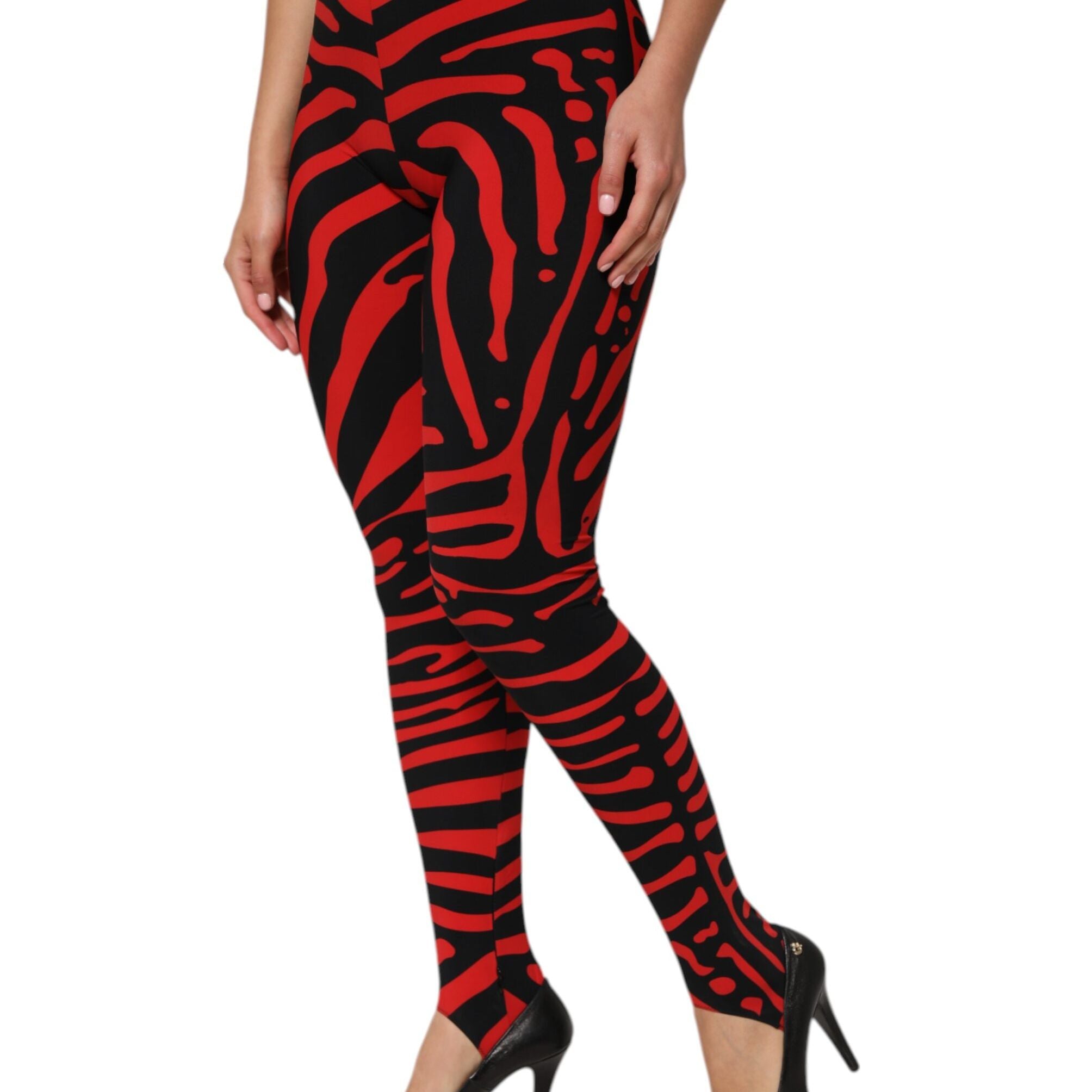 Dolce & Gabbana Black Red Nylon Logo Waisted Leggings Pants