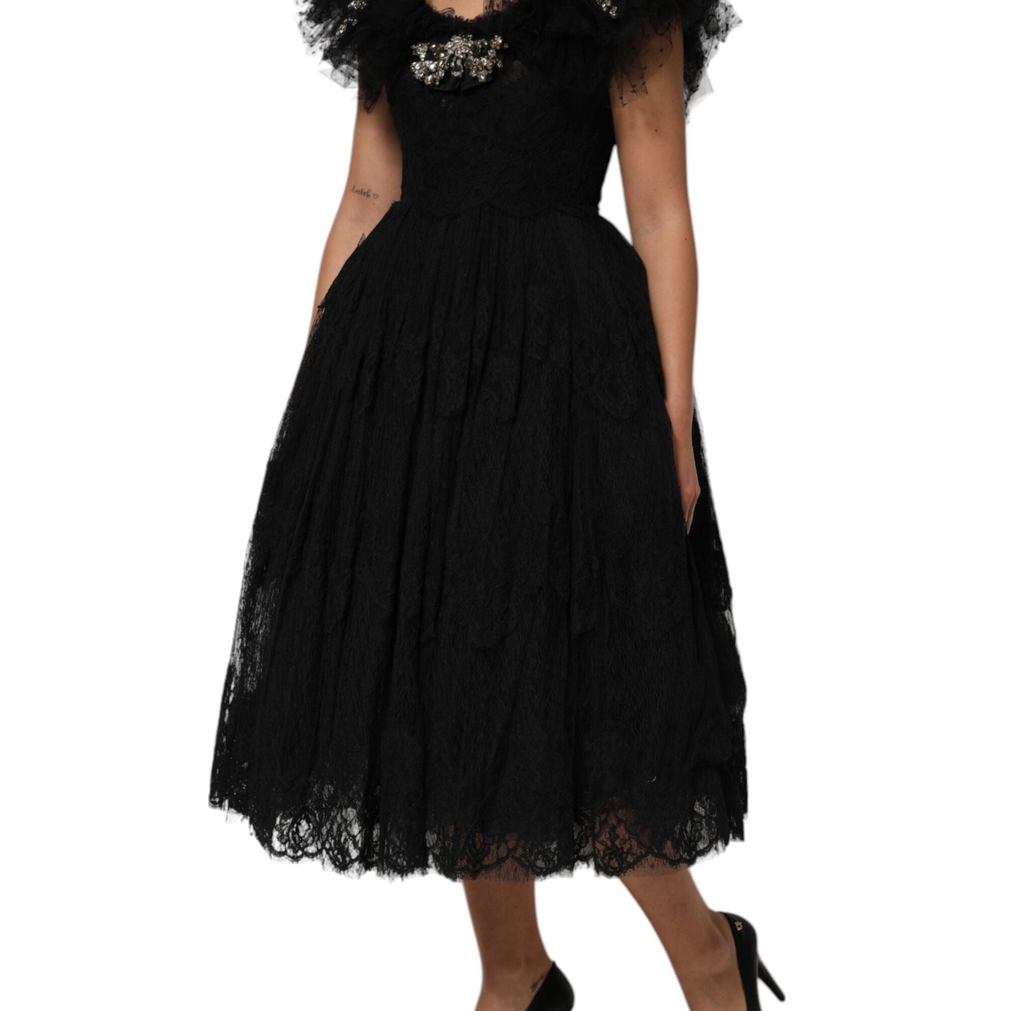 Dolce & Gabbana Black Crystal Embellished Midi A-line Dress