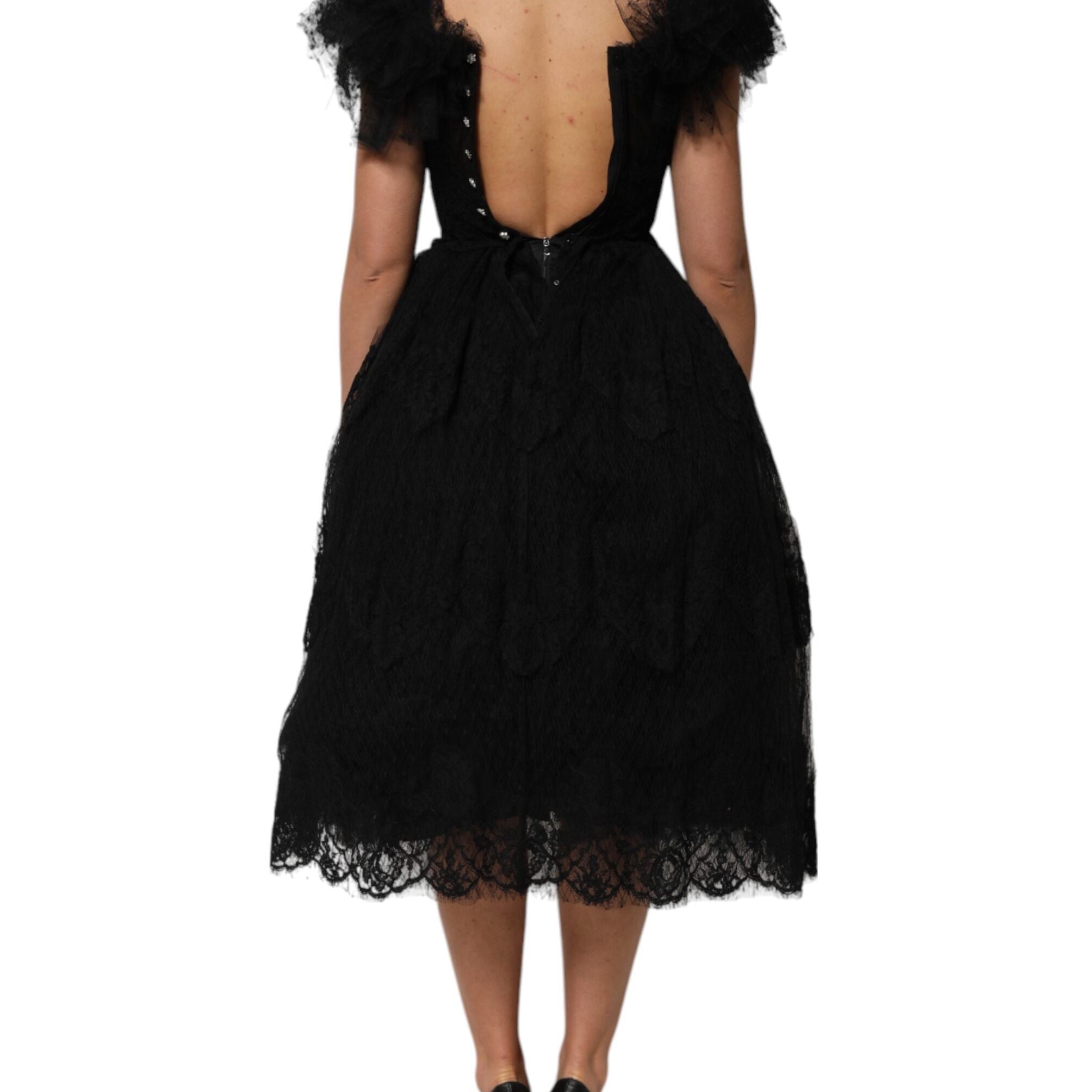 Dolce & Gabbana Black Crystal Embellished Midi A-line Dress