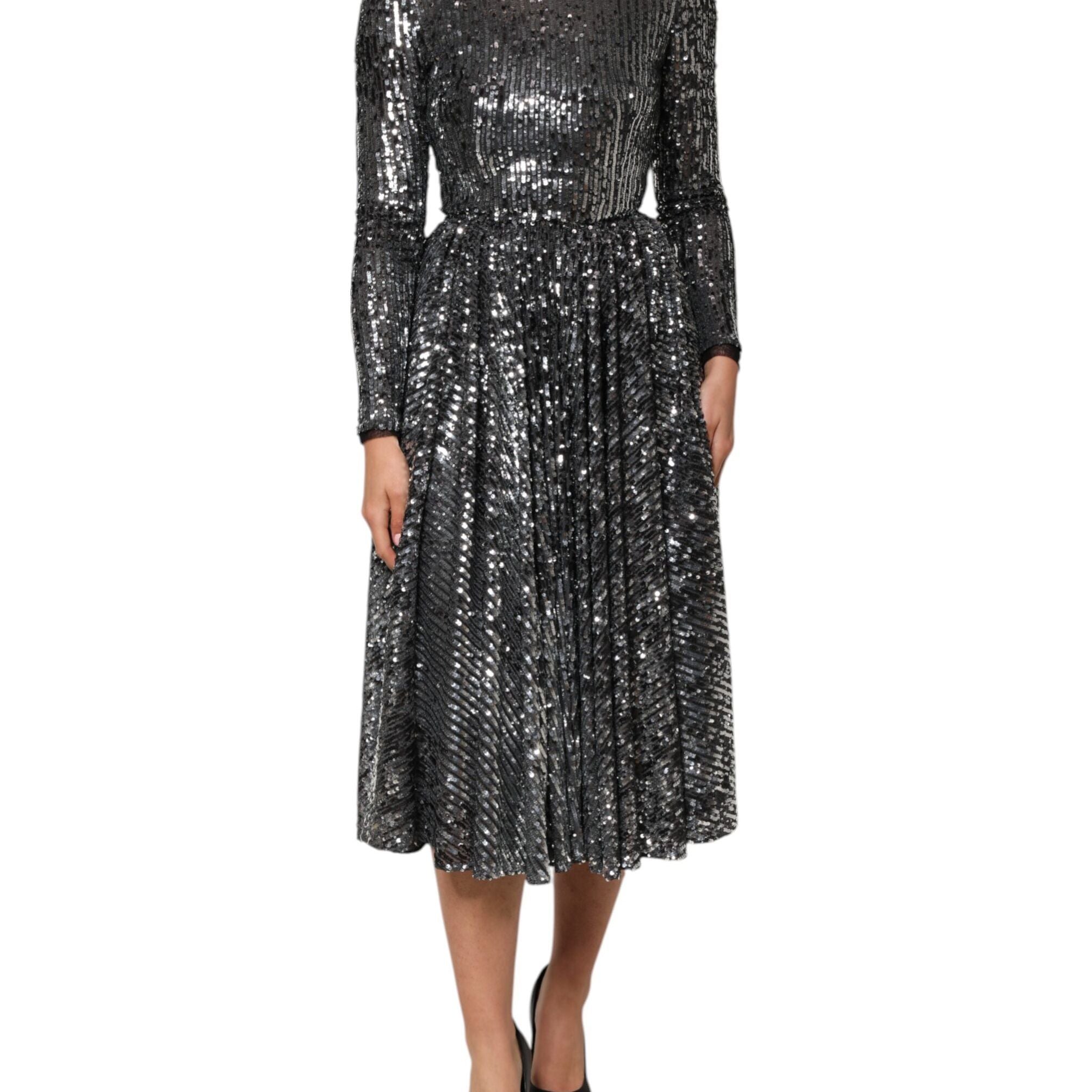 Dolce & Gabbana Black Sequined Long Sleeves Midi A-line Dress
