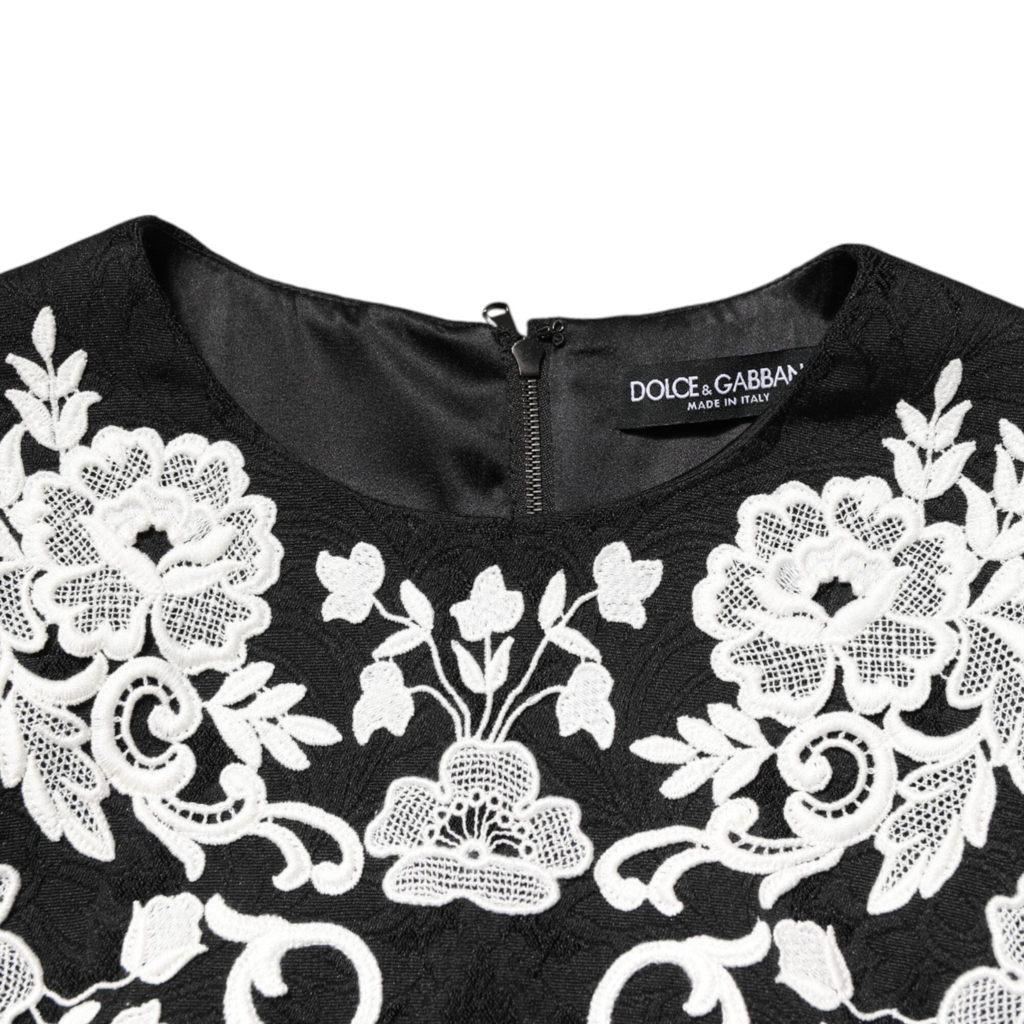 Dolce & Gabbana Black Lace Trim Short Sleeves A-line Dress