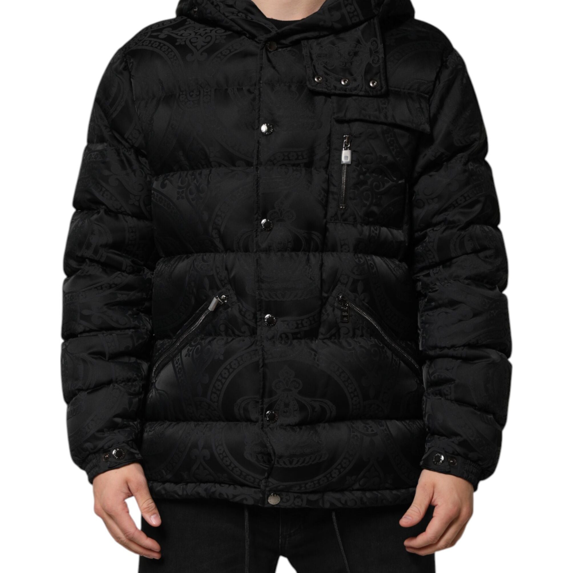 Dolce & Gabbana Black Jacquard Quilted Puffer Hooded Jacket