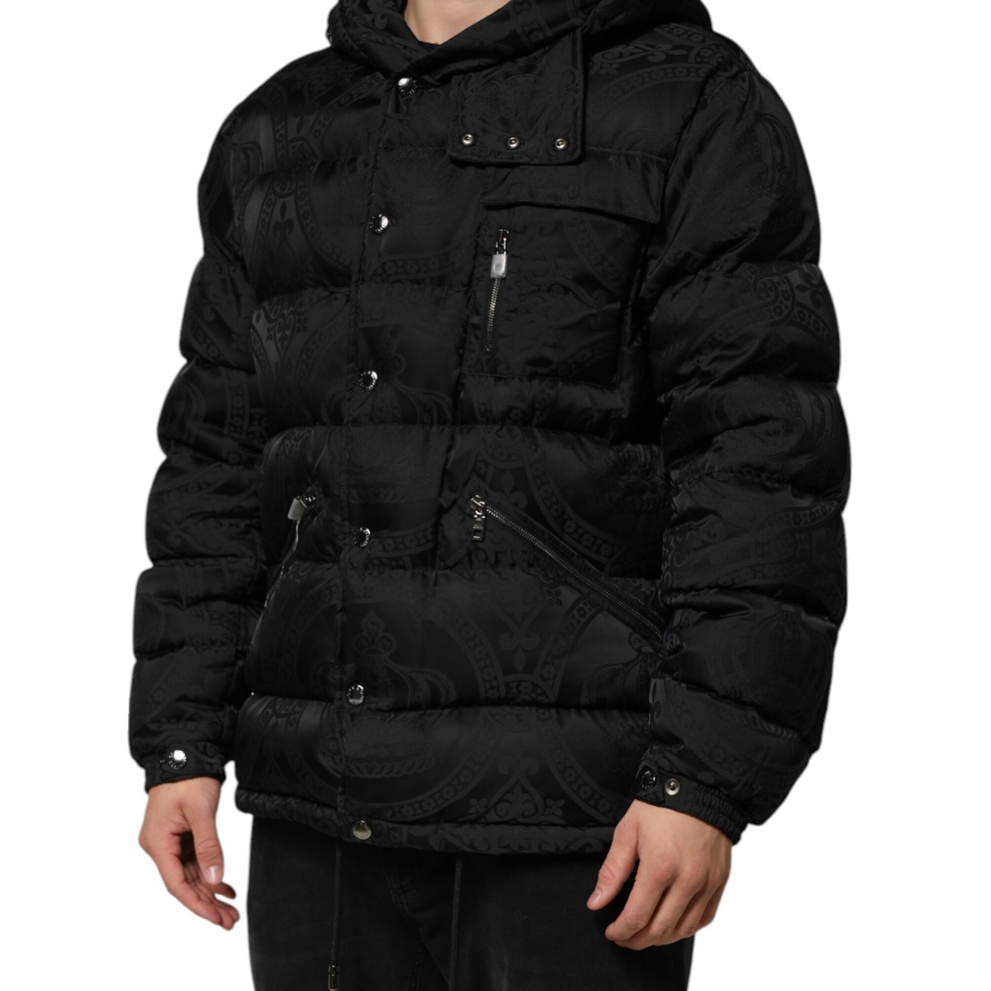 Dolce & Gabbana Black Jacquard Quilted Puffer Hooded Jacket