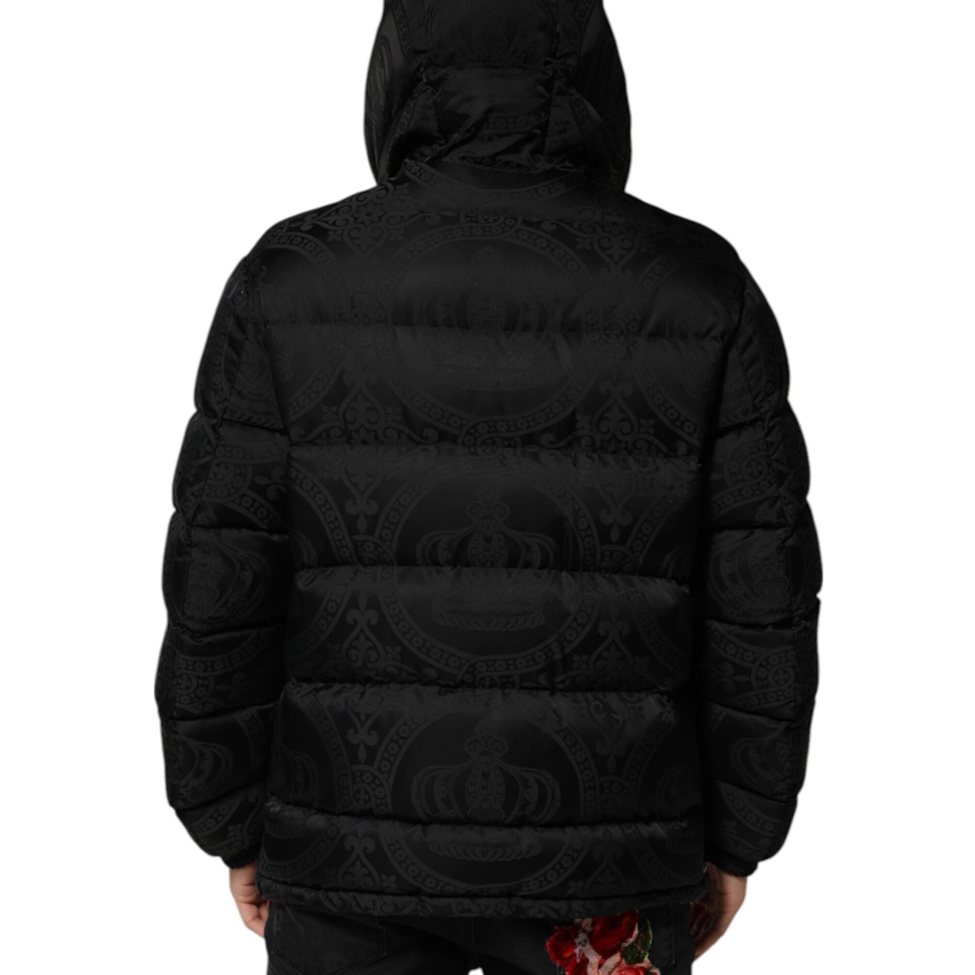 Dolce & Gabbana Black Jacquard Quilted Puffer Hooded Jacket