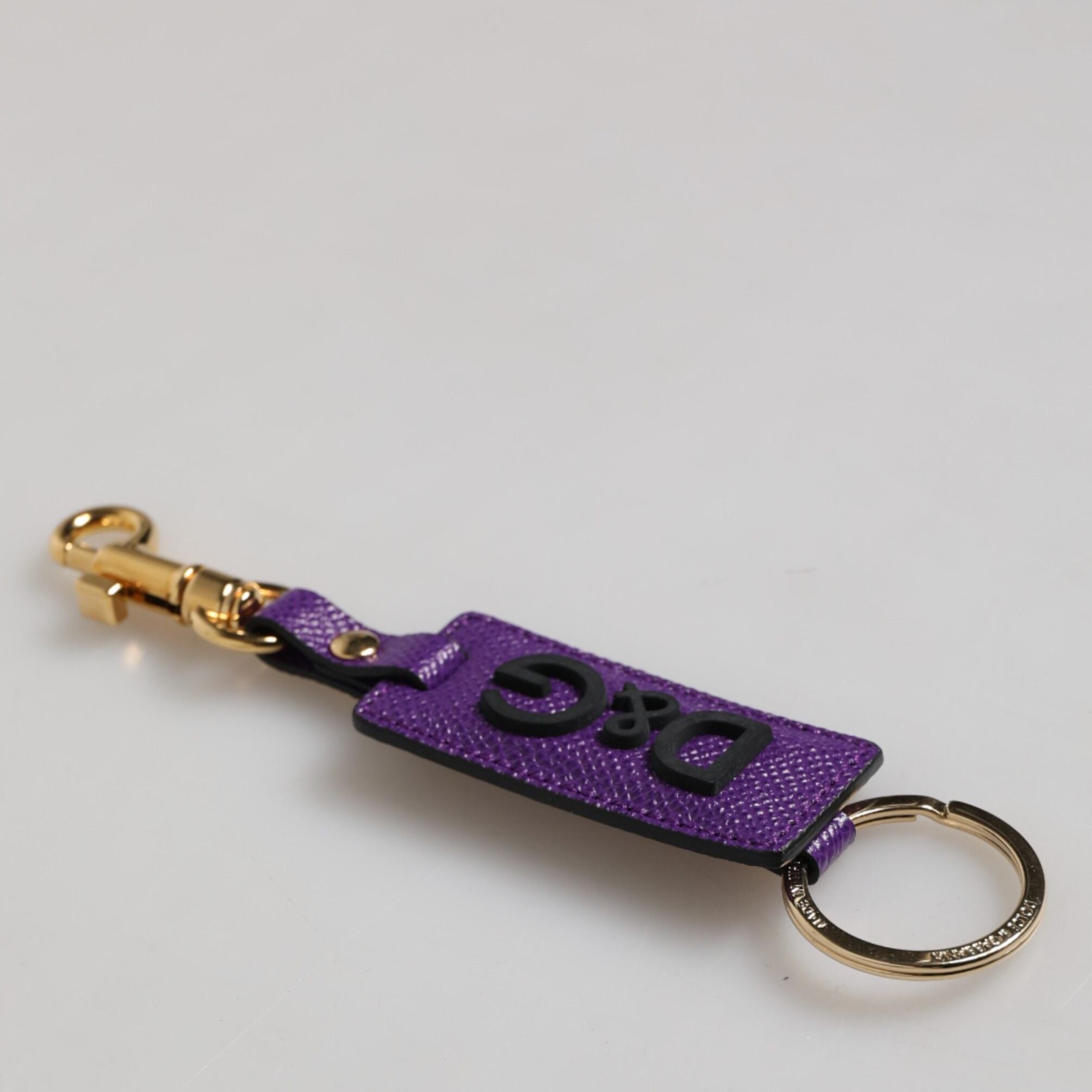 Dolce & Gabbana Purple DG Logo Leather Gold Tone Metal Keyring Keychain