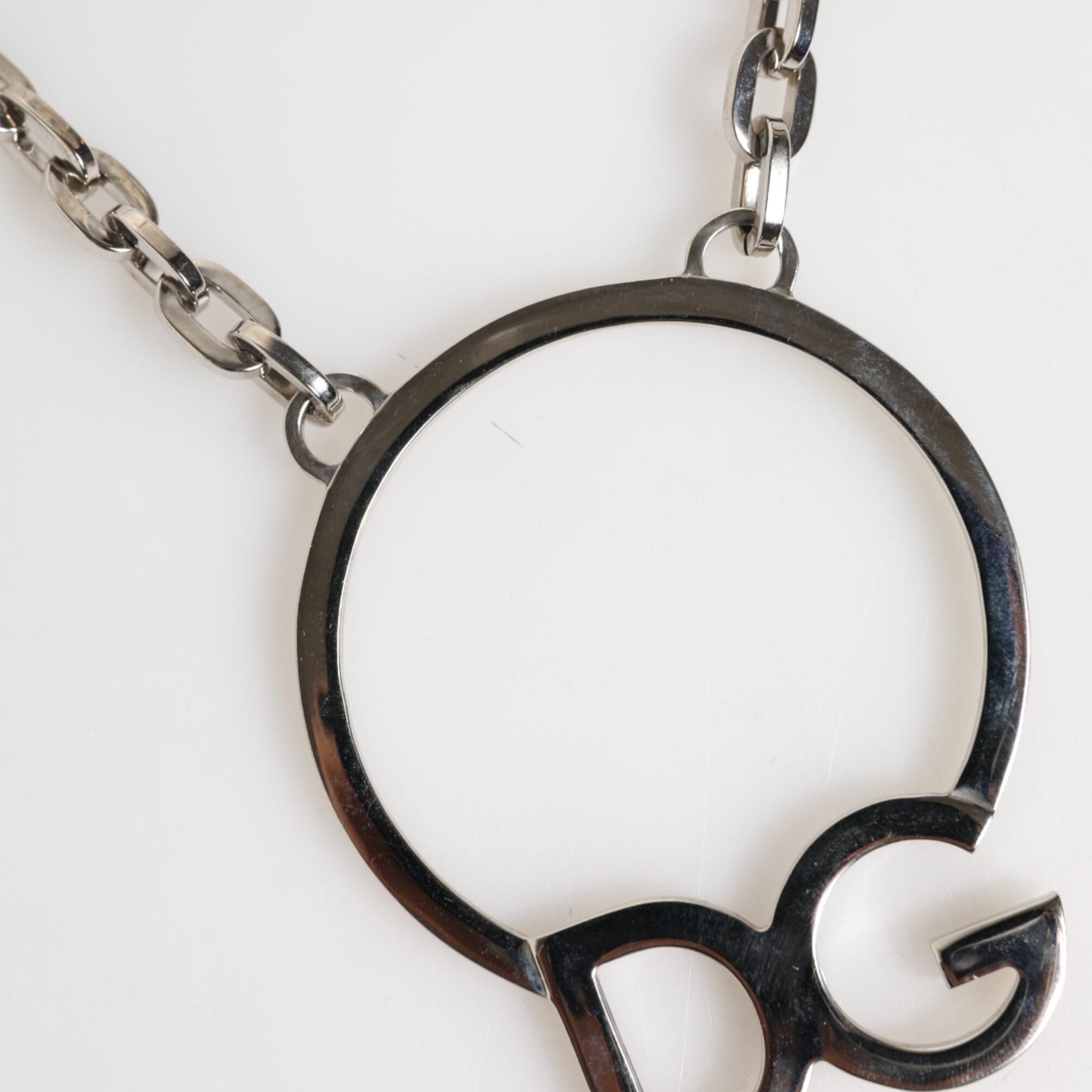 Dolce & Gabbana Silver Tone Brass Chain DG Logo Pendant Men Necklace