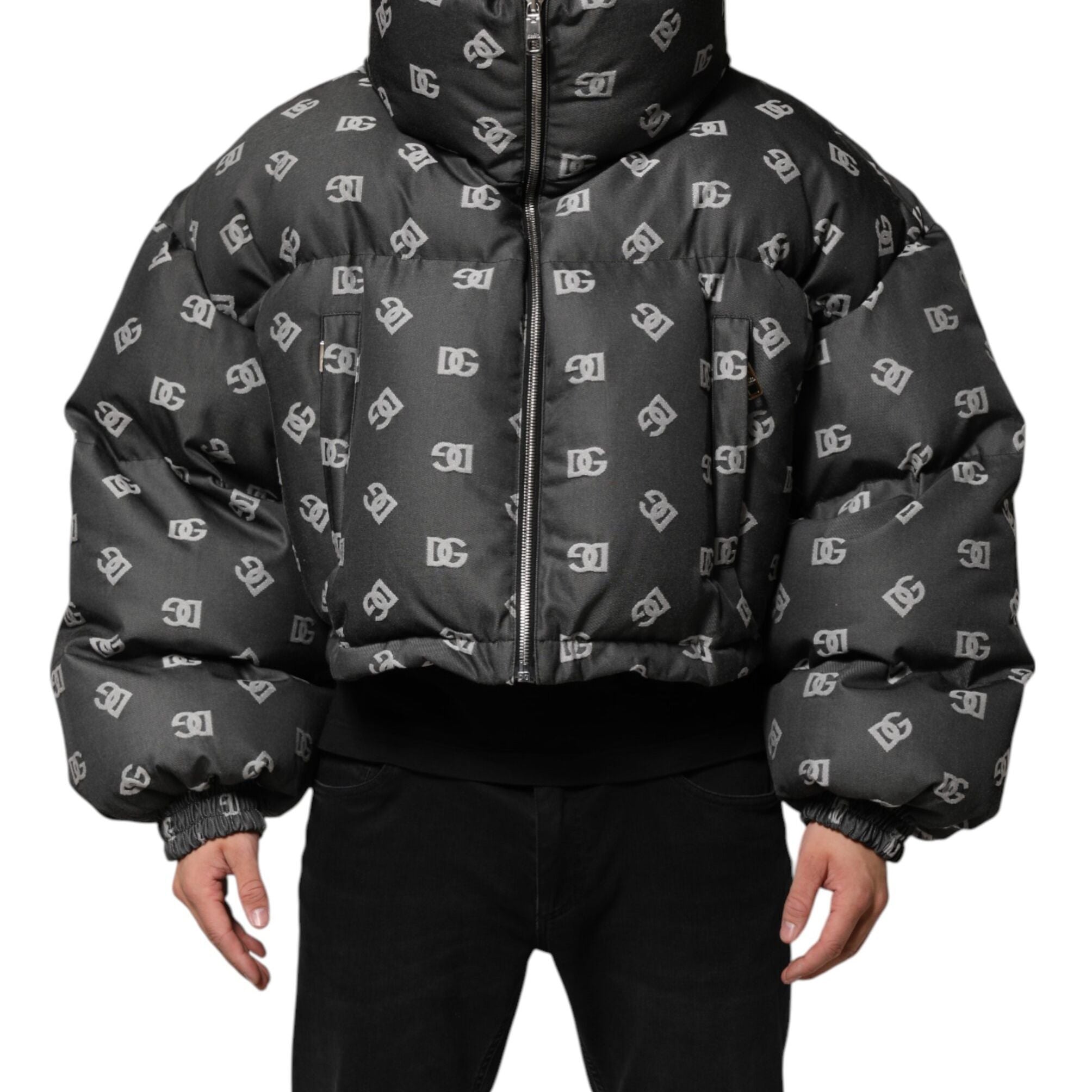 Dolce & Gabbana Black DG Monogram Full Zip Puffer Men Jacket