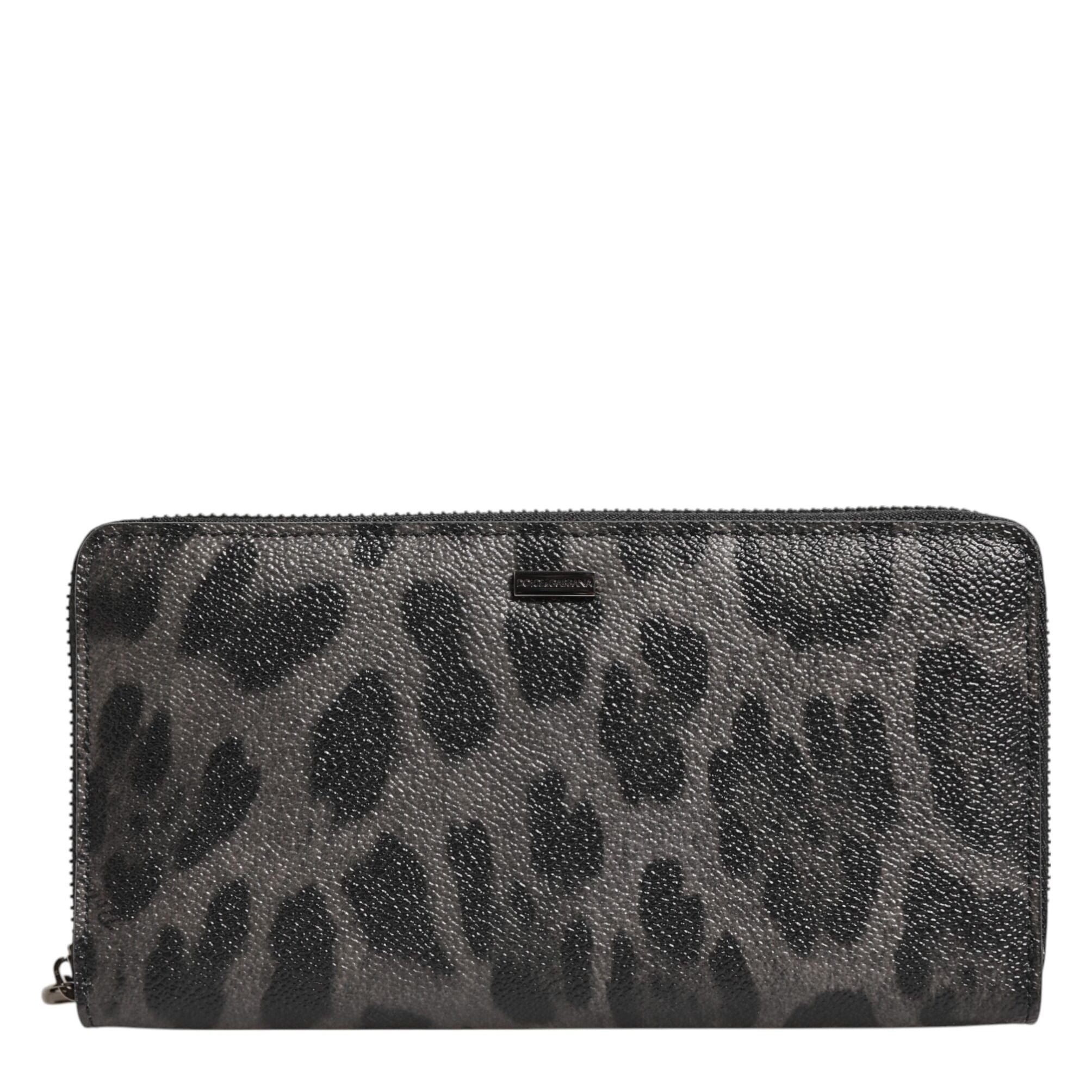Dolce & Gabbana Black Gray Leopard Leather Zip Around Continental Wallet
