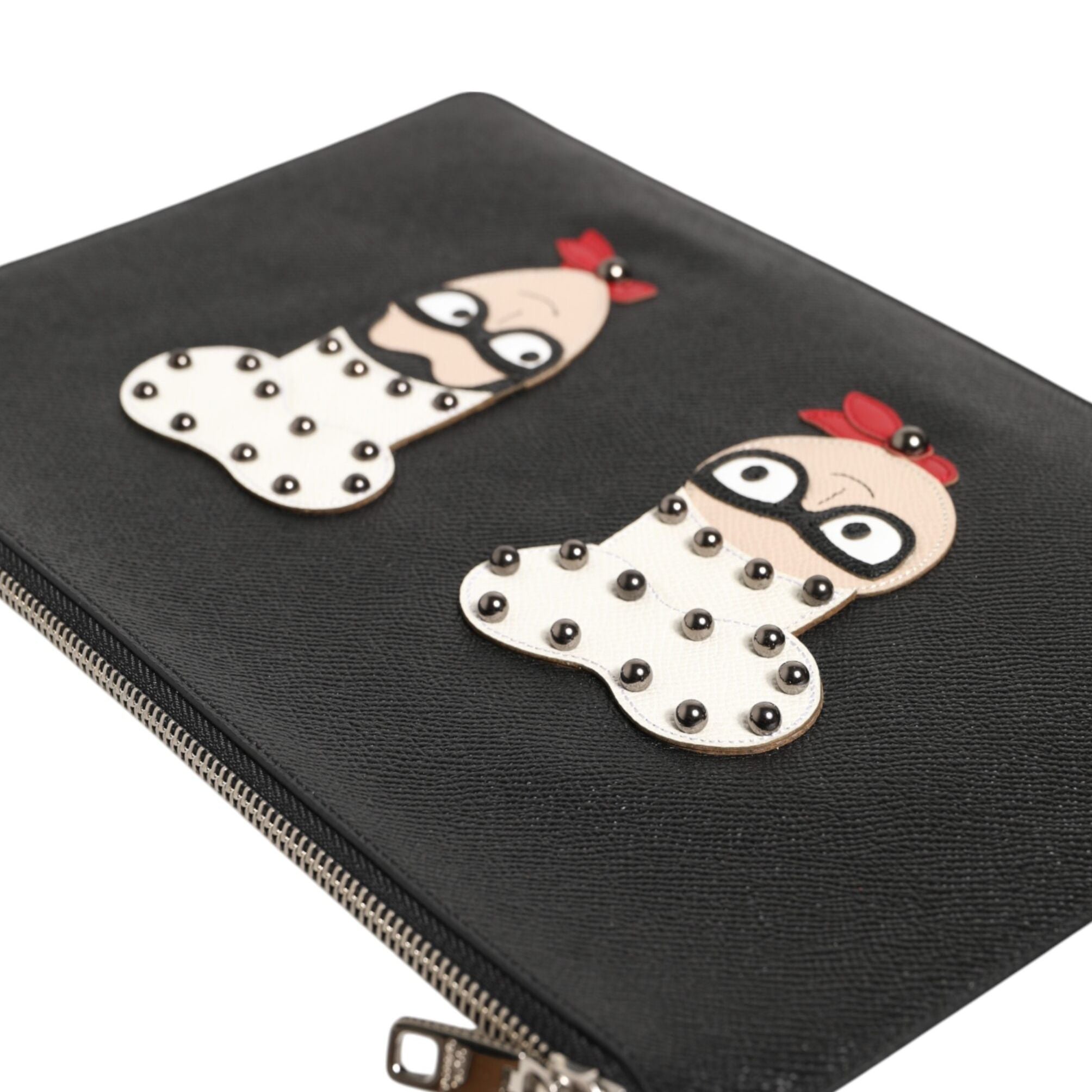 Dolce & Gabbana Black Leather #DGFAMILY Embellished Men Clutch Pouch Bag