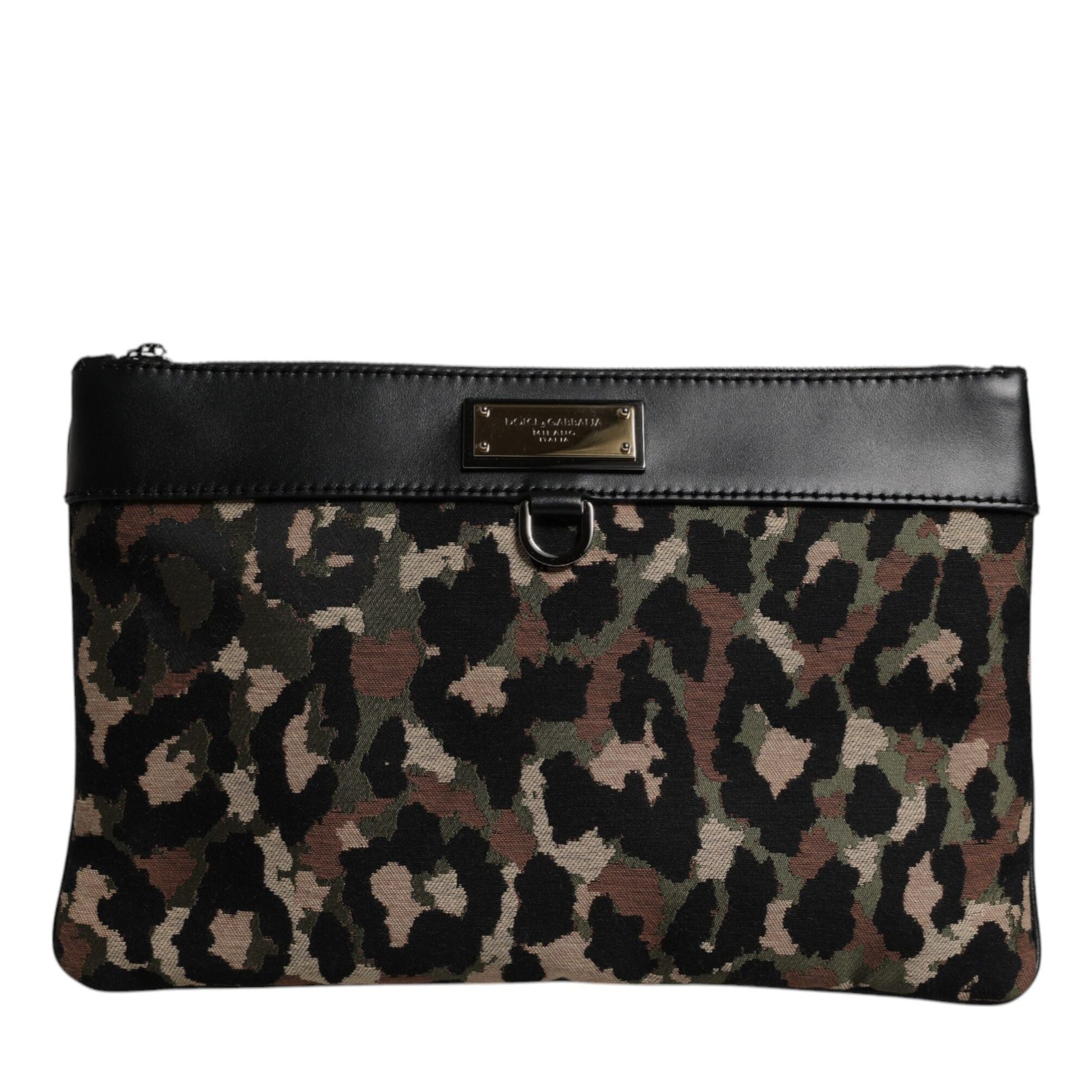Dolce & Gabbana Multicolor Leopard Print Jacquard Logo Plaque Pouch Bag
