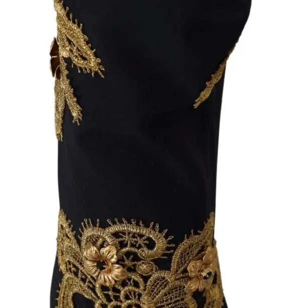 Dolce & Gabbana Black Gold Embroidery Crystal Boots Shoes