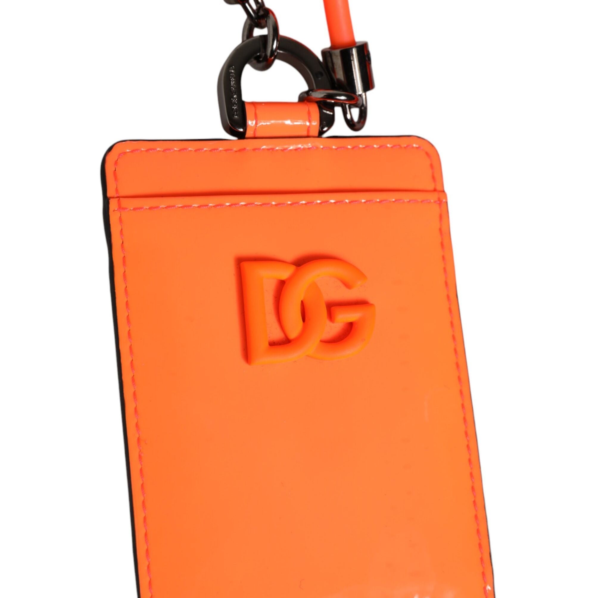 Dolce & Gabbana Orange Leather Logo Embossed Lanyard Card Holder Wallet