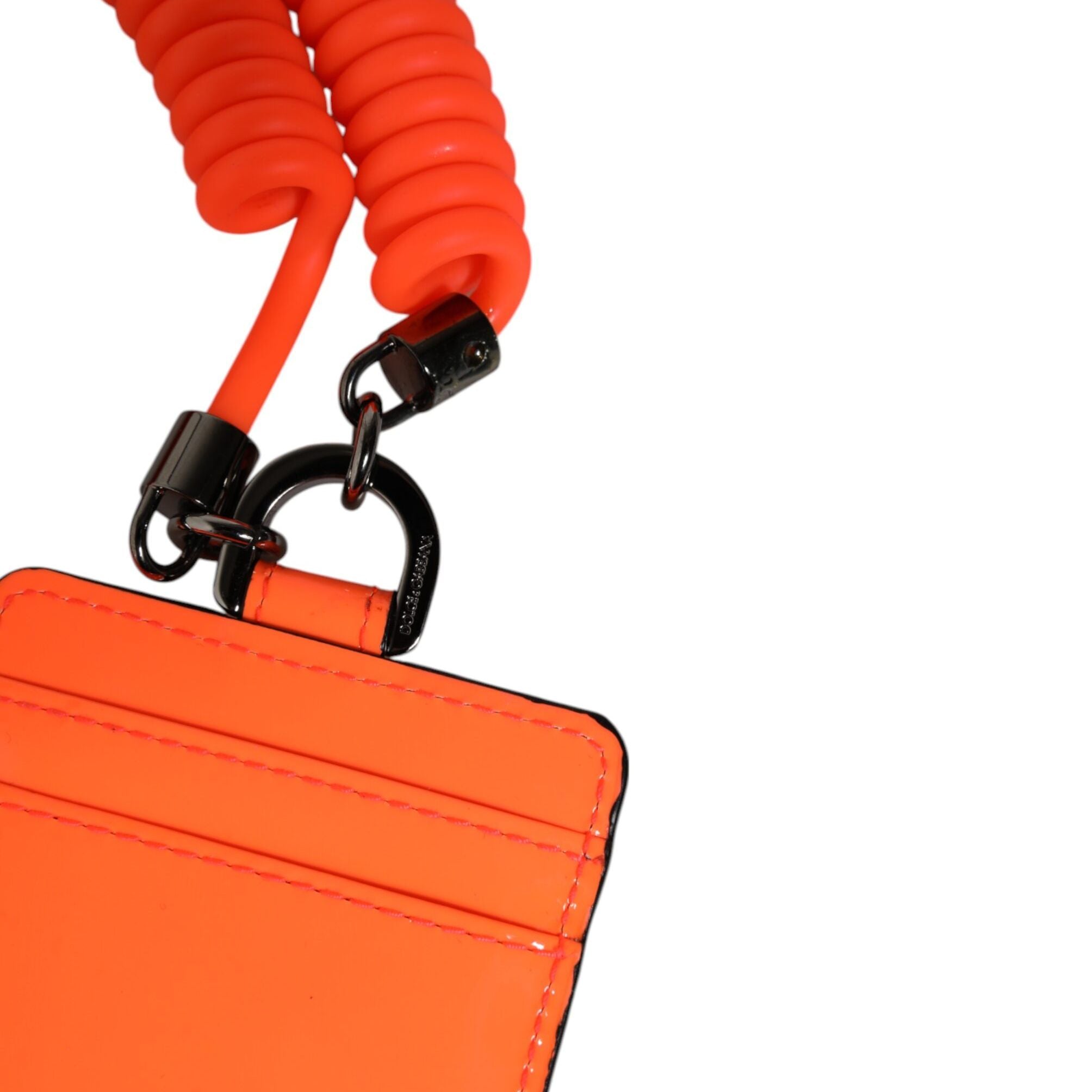 Dolce & Gabbana Orange Leather Logo Embossed Lanyard Card Holder Wallet