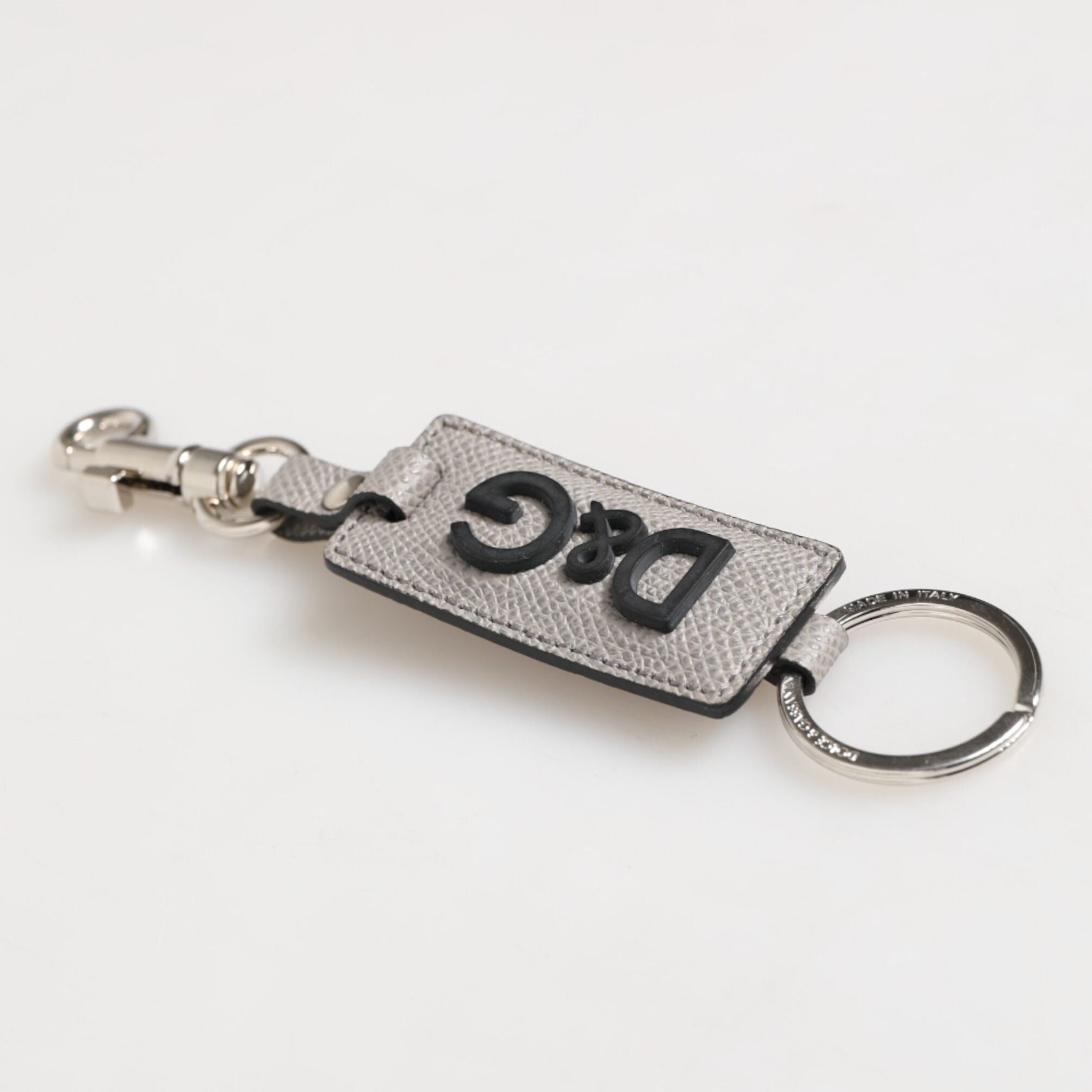 Dolce & Gabbana Gray Leather Logo Metal Ring Keychain Holder Men Keyring