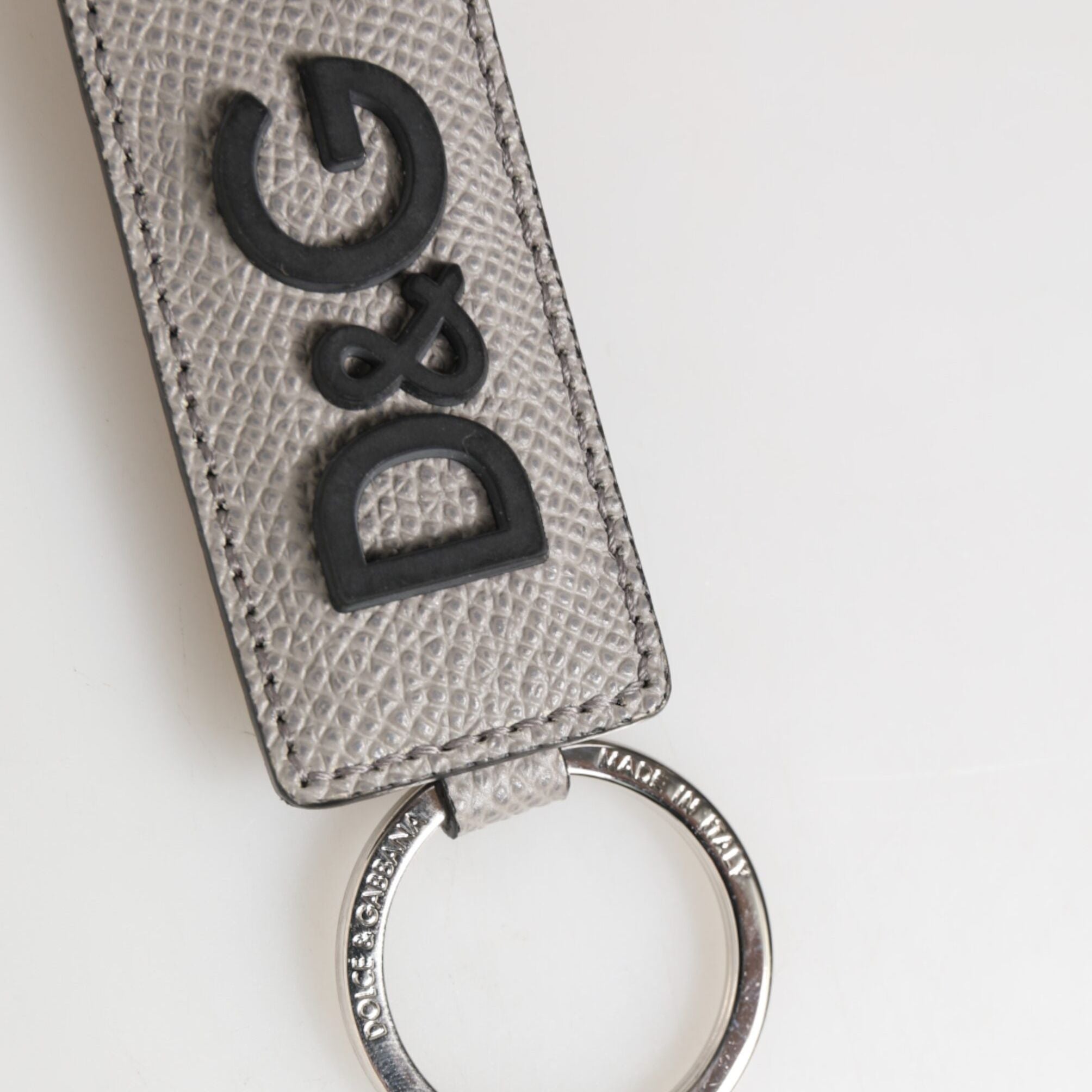 Dolce & Gabbana Gray Leather Logo Metal Ring Keychain Holder Men Keyring