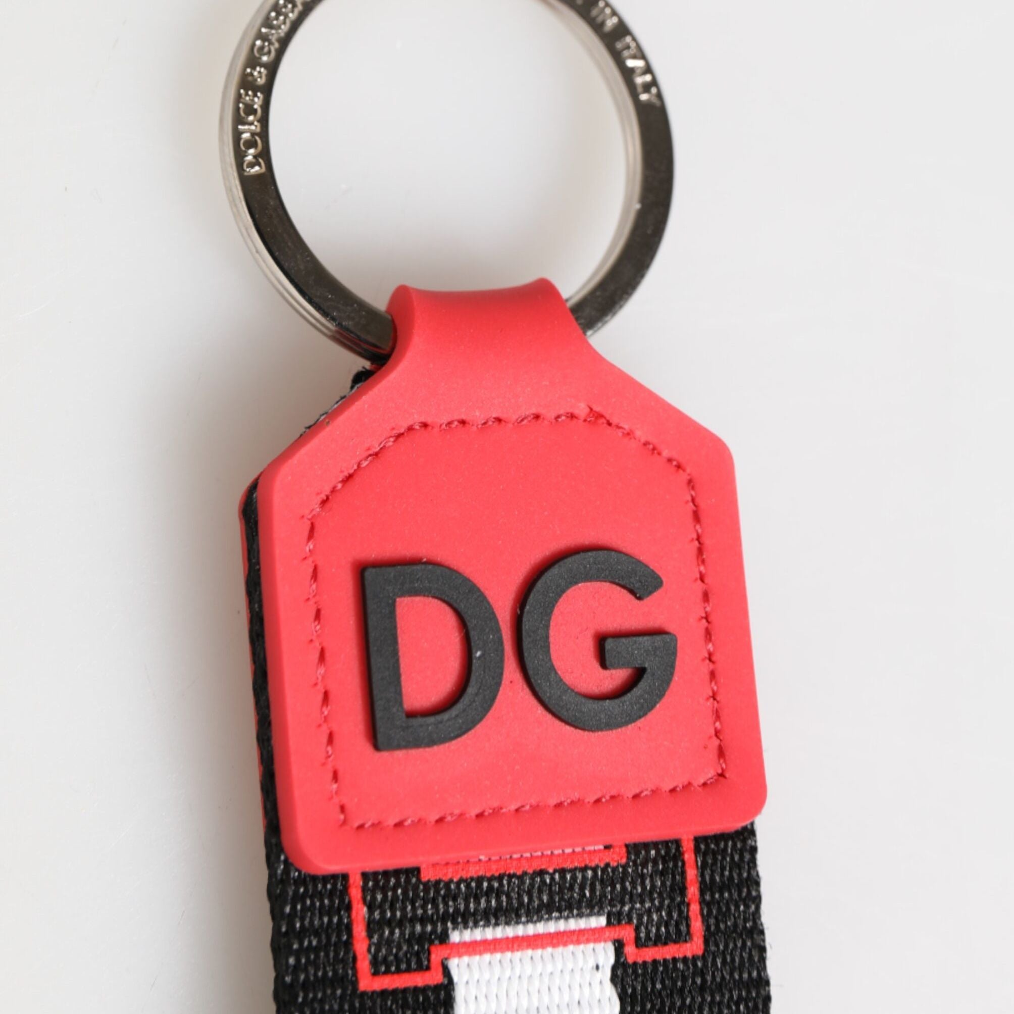 Dolce & Gabbana Red White DG Logo Polyester Brass Holder Keychain Keyring