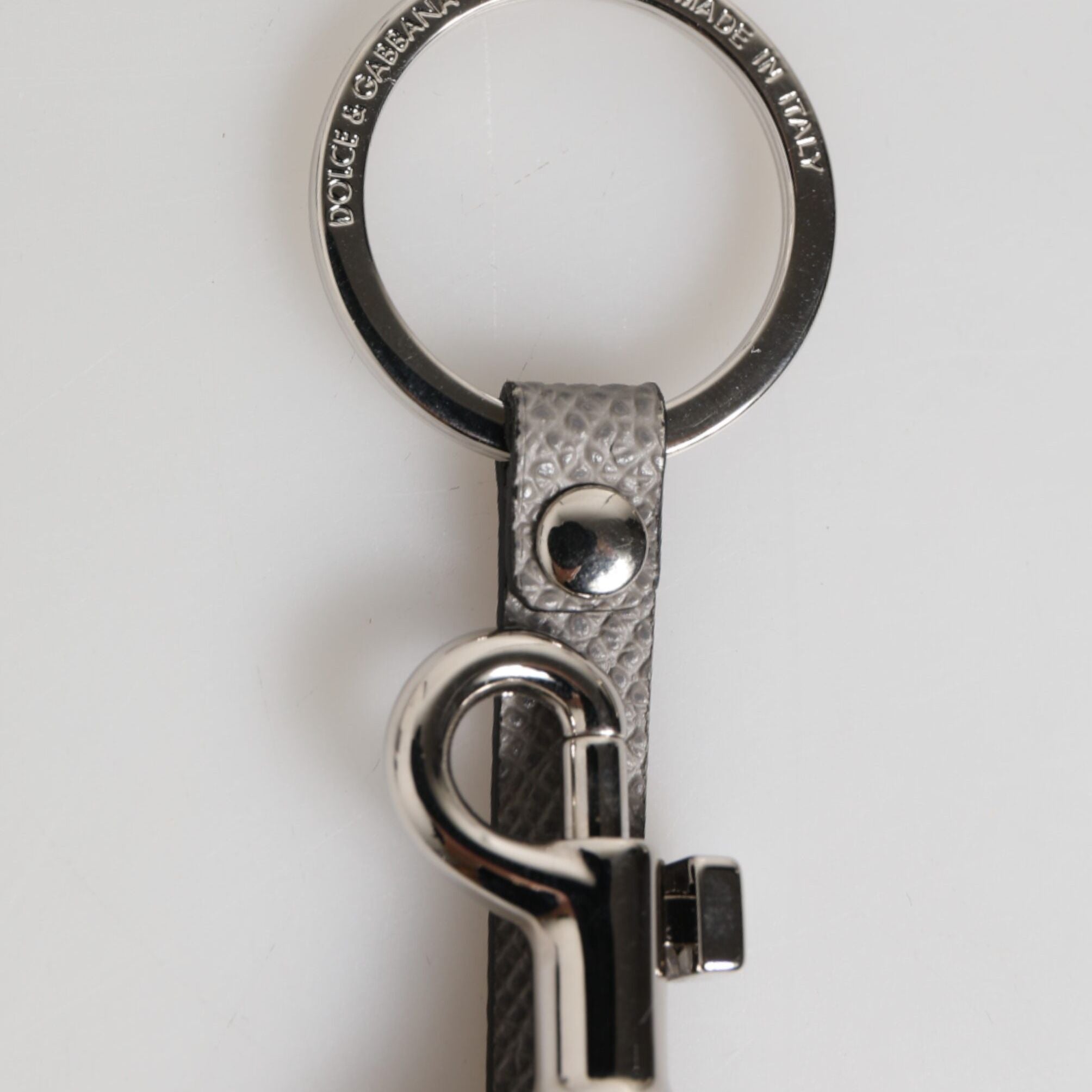 Dolce & Gabbana Gray Leather Logo Metal Ring Keychain Holder Men Keyring