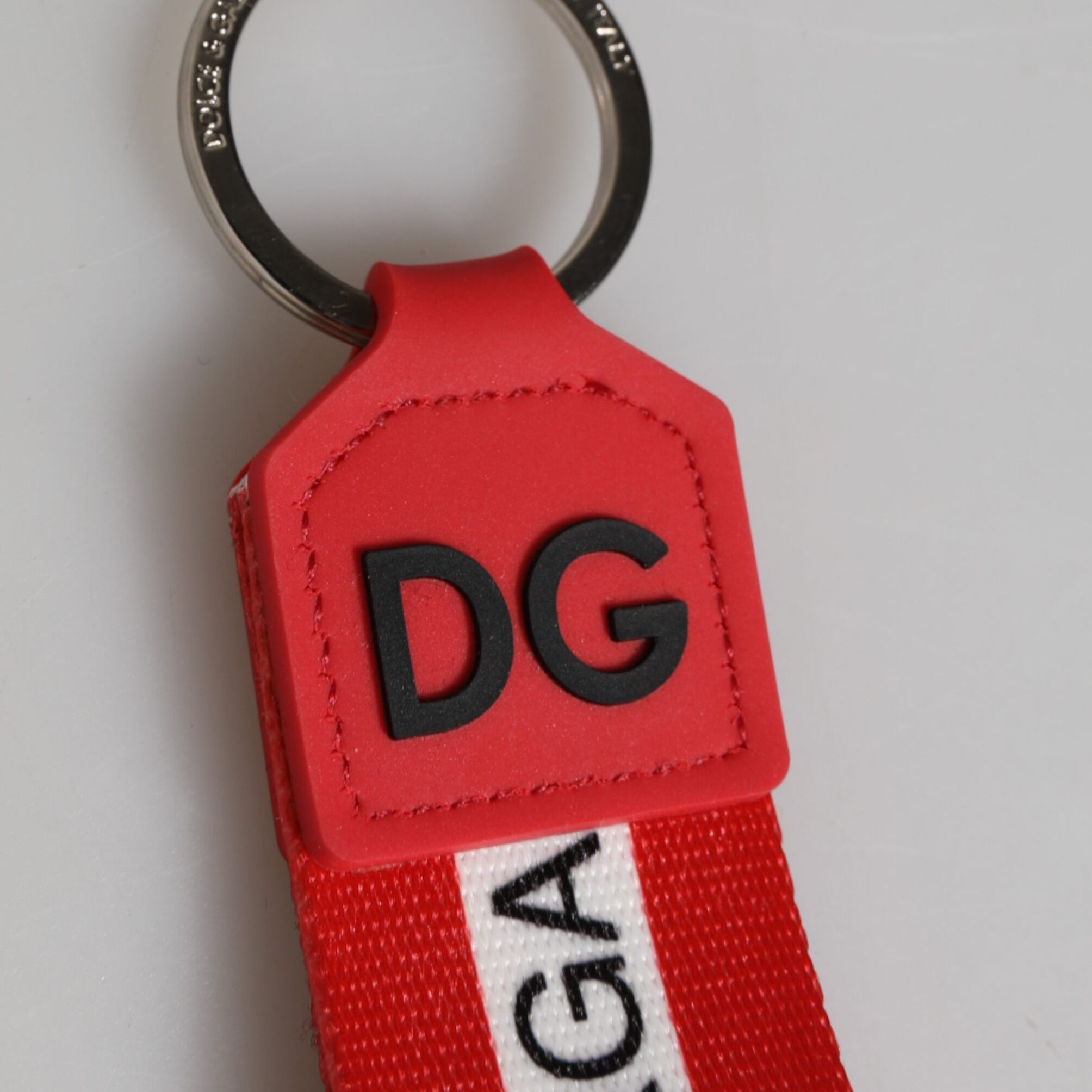 Dolce & Gabbana Red Logo Polyester Silver Brass Holder Keychain Men Keyring