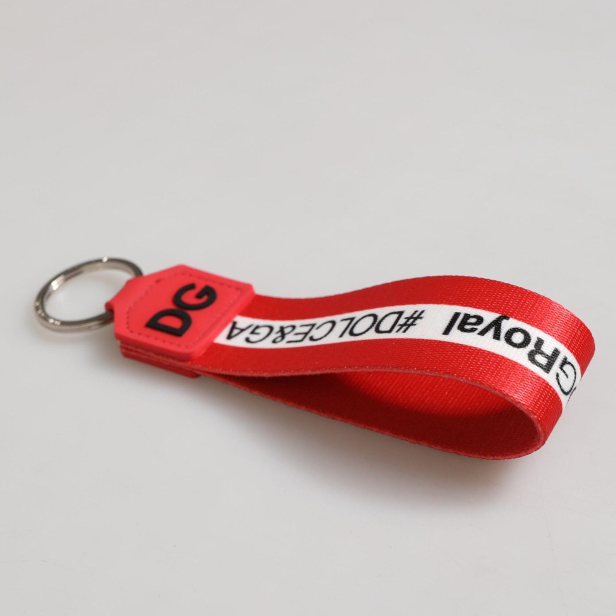 Dolce & Gabbana Red Logo Polyester Silver Brass Holder Keychain Men Keyring