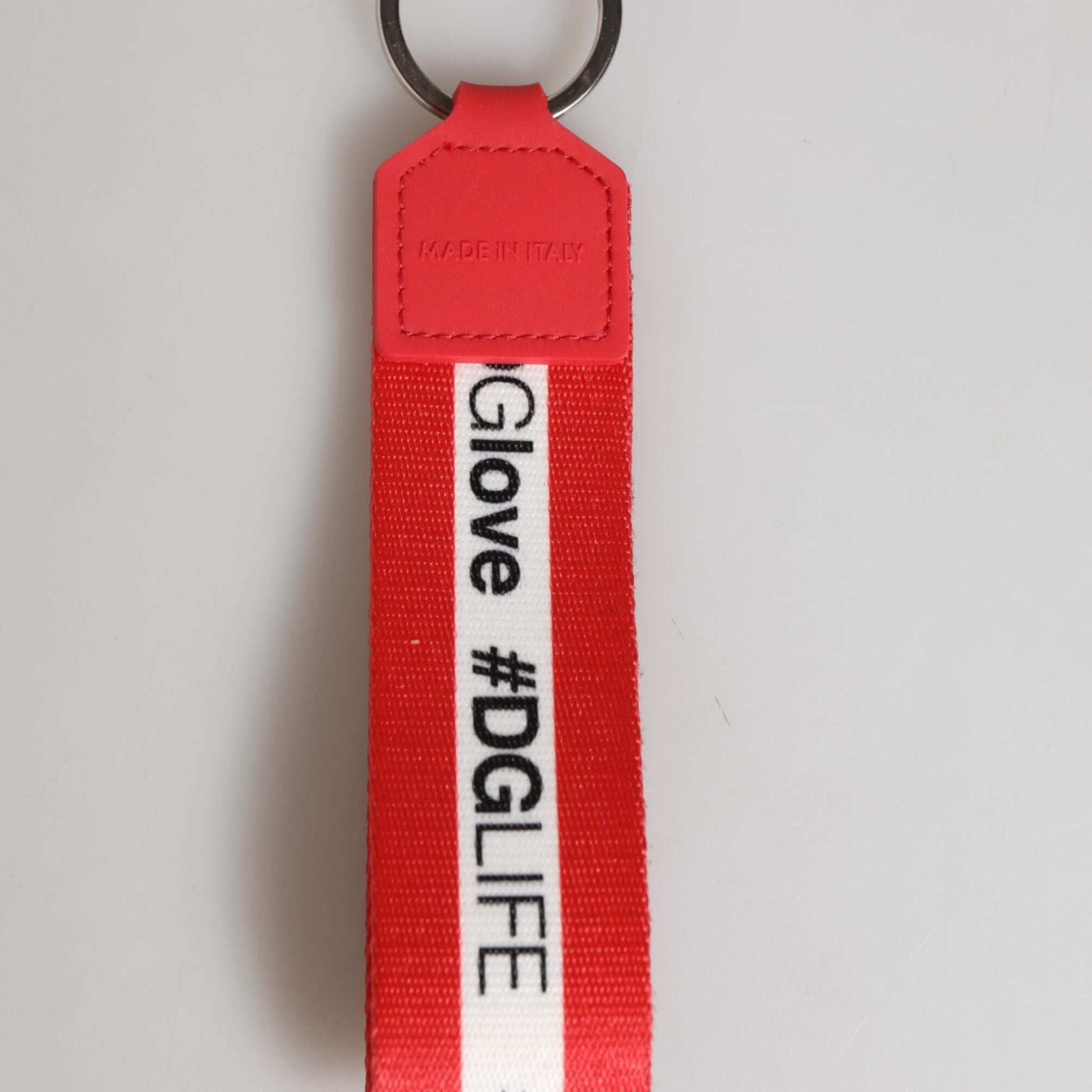 Dolce & Gabbana Red Logo Polyester Silver Brass Holder Keychain Keyring