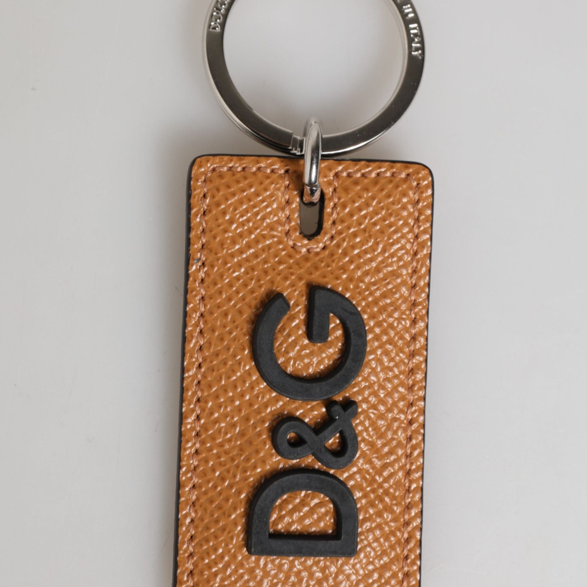 Dolce & Gabbana Brown Leather Logo Metal Ring Keychain Holder Men Keyring