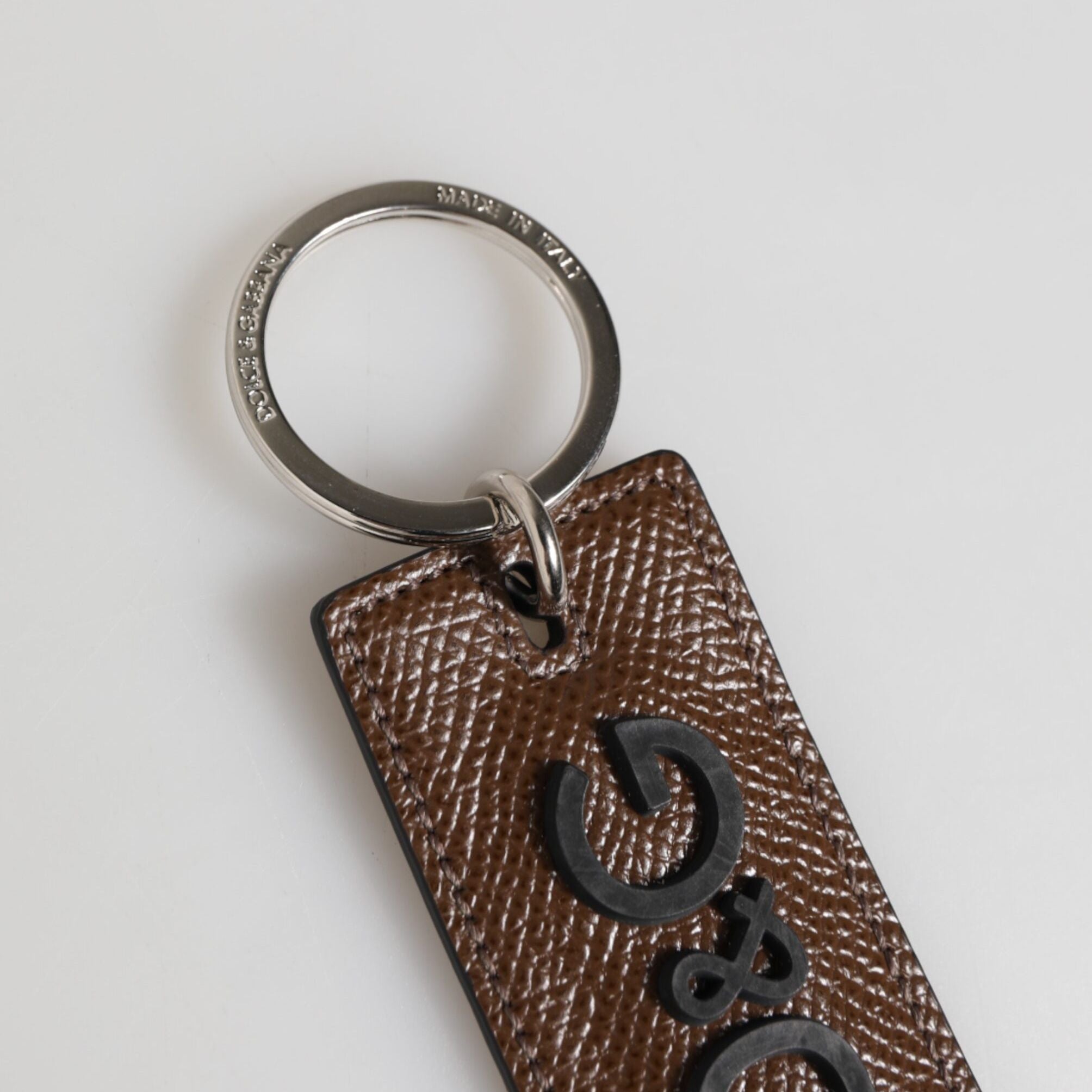 Dolce & Gabbana Dark Brown Leather Logo Metal Ring Keychain Holder Keyring