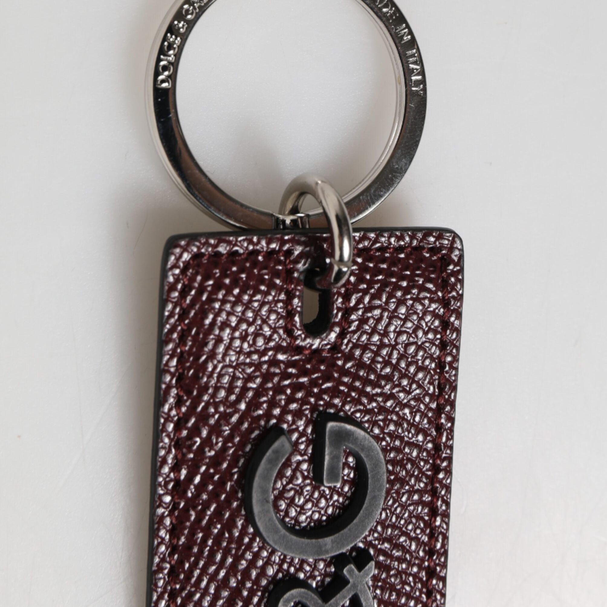 Dolce & Gabbana Bordeaux Leather Logo Metal Ring Men Keychain Keyring