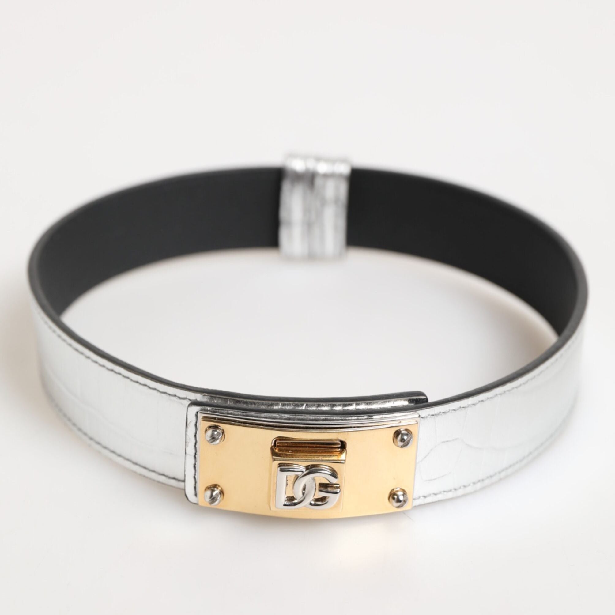 Dolce & Gabbana Silver Textured Leather Gold Tone Metal Neckband