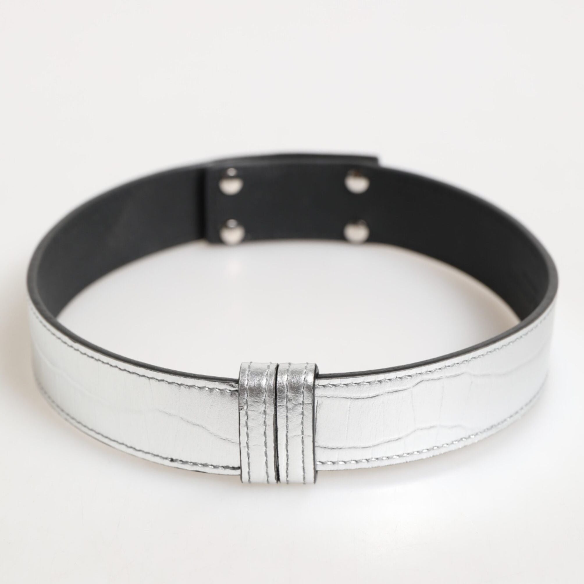Dolce & Gabbana Silver Textured Leather Gold Tone Metal Neckband