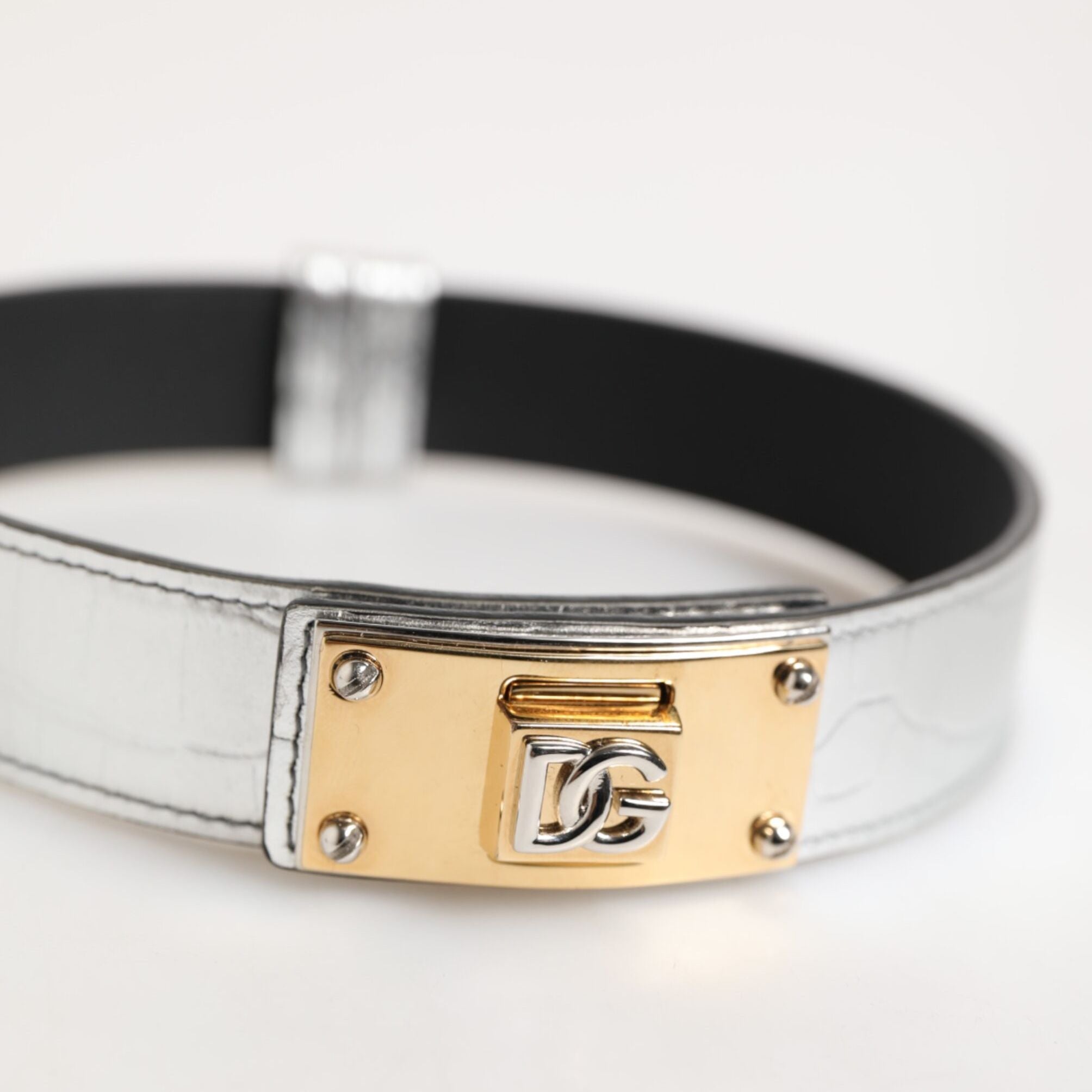 Dolce & Gabbana Silver Textured Leather Gold Tone Metal Neckband