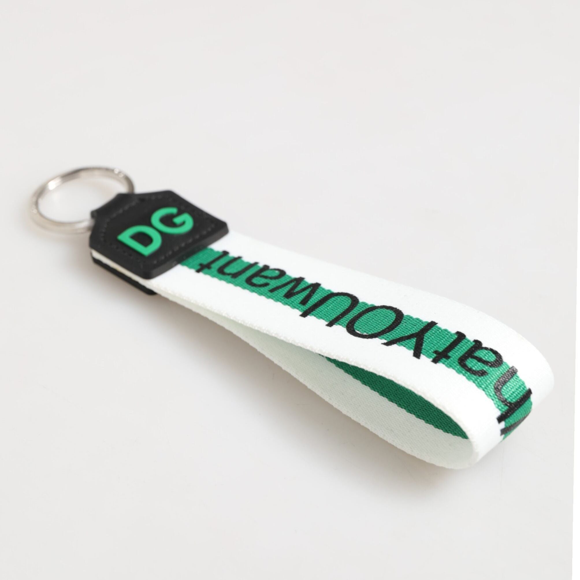 Dolce & Gabbana Green Logo Polyester Silver Brass Holder Keychain Keyring