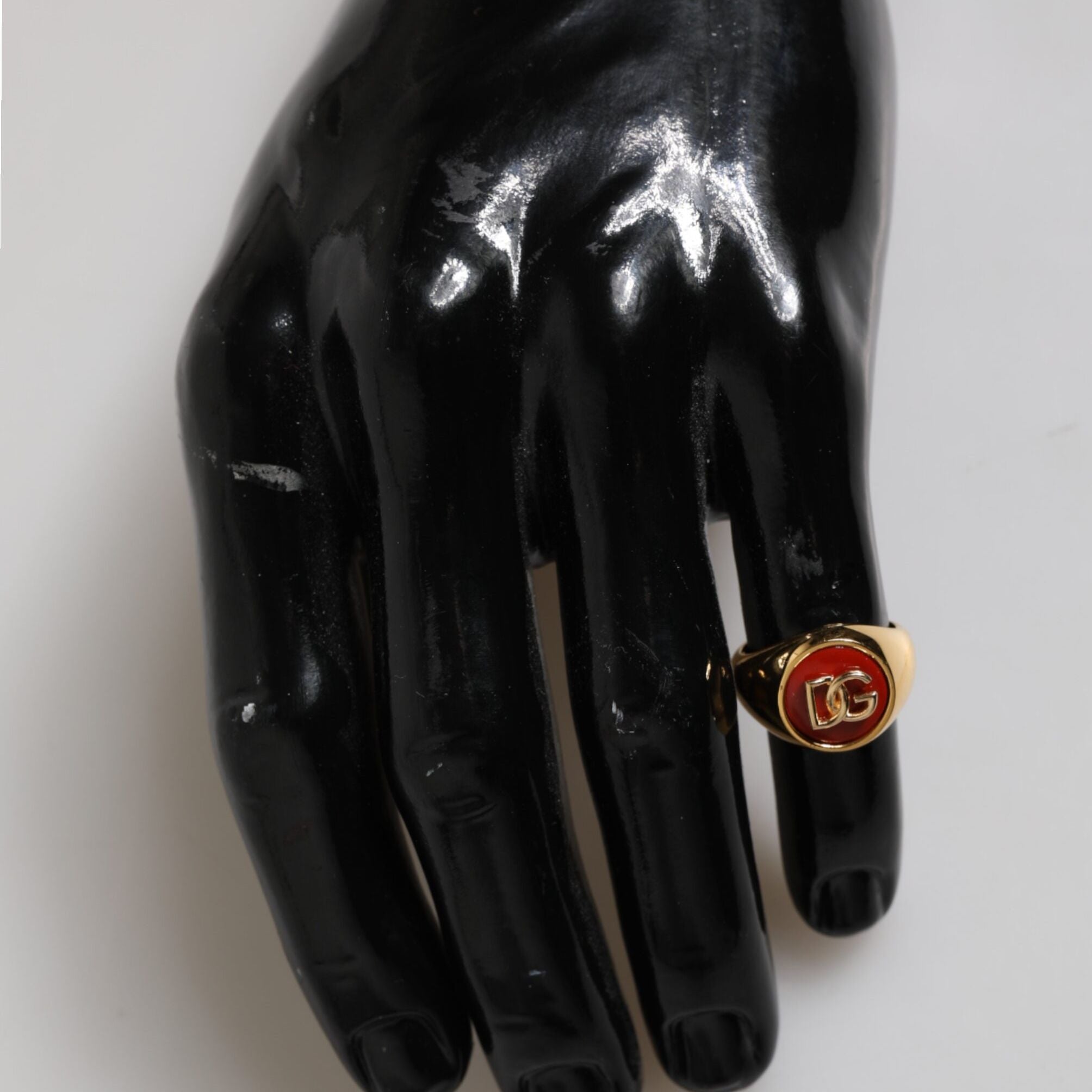 Dolce & Gabbana Gold Tone Real Brass Round Red DG Logo Men Ring