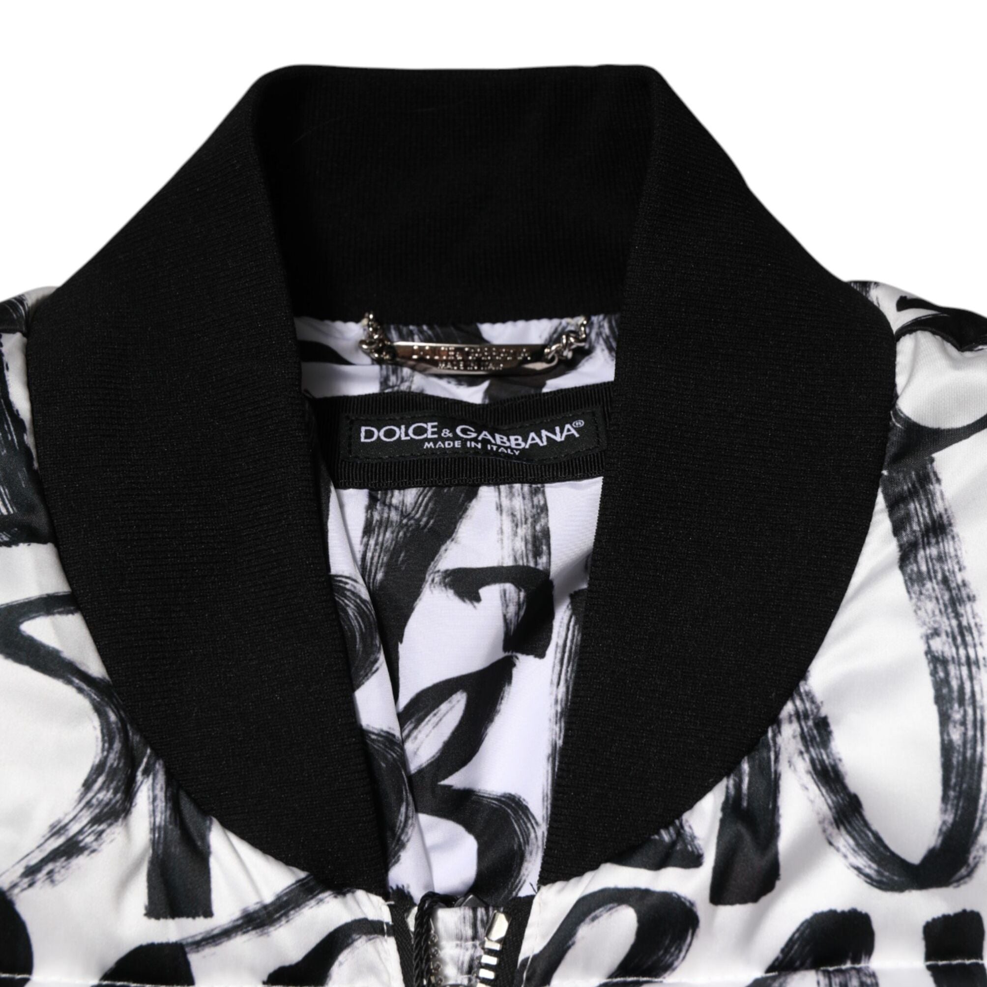 Dolce & Gabbana White Black Graffiti Logo Puffer Bomber Jacket